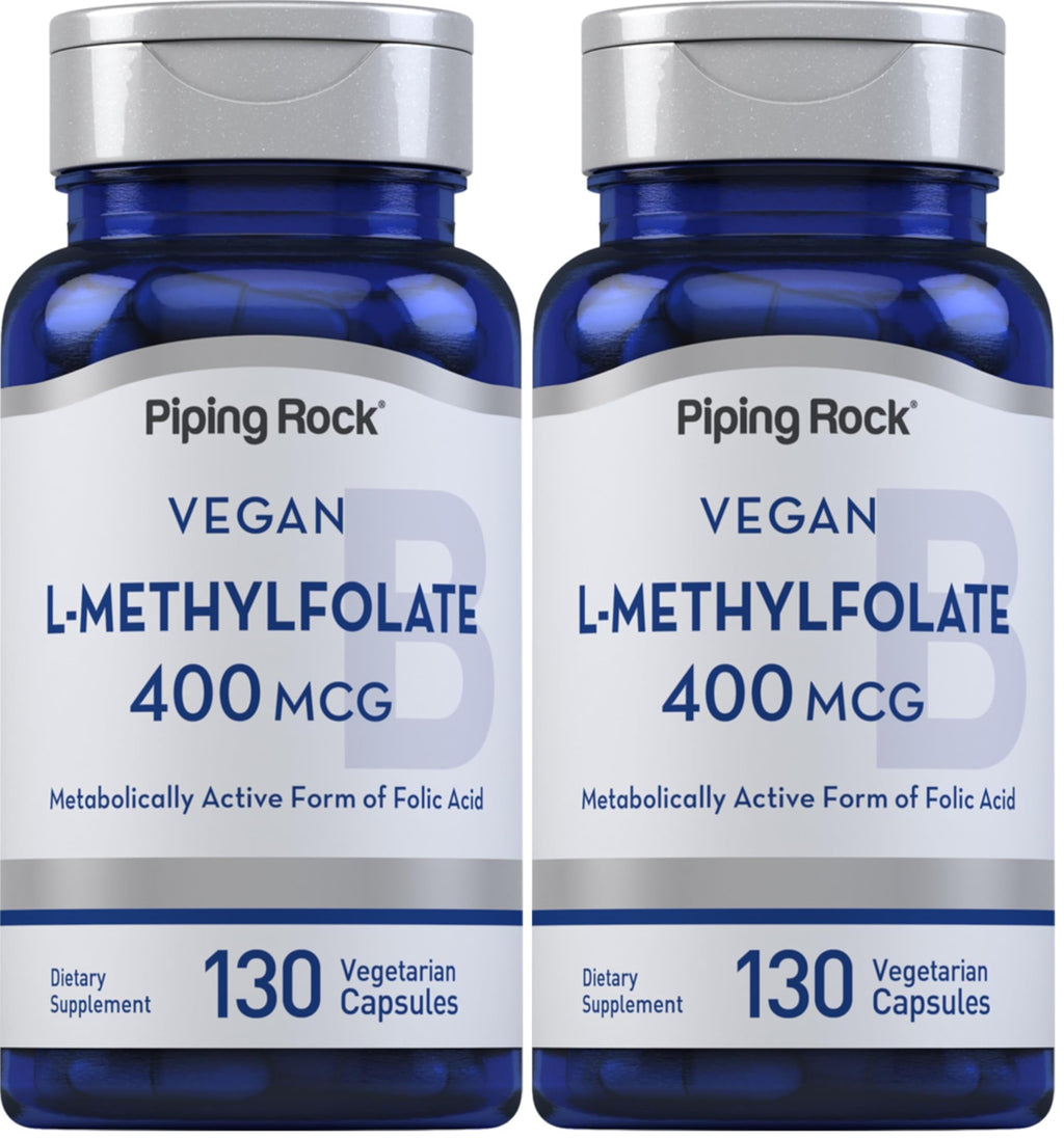 Piping Rock L-MethylFolate Supplement | 400 mcg | 130 Capsules | Pack of 2 | Vegetarian, Vegan | Non-GMO, Gluten Free