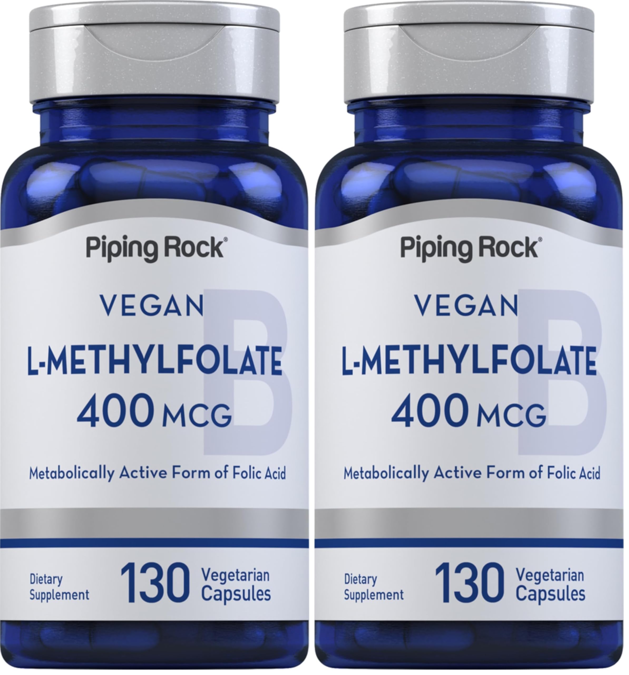 Piping Rock L-MethylFolate Supplement | 400 mcg | 130 Capsules | Pack of 2 | Vegetarian, Vegan | Non-GMO, Gluten Free