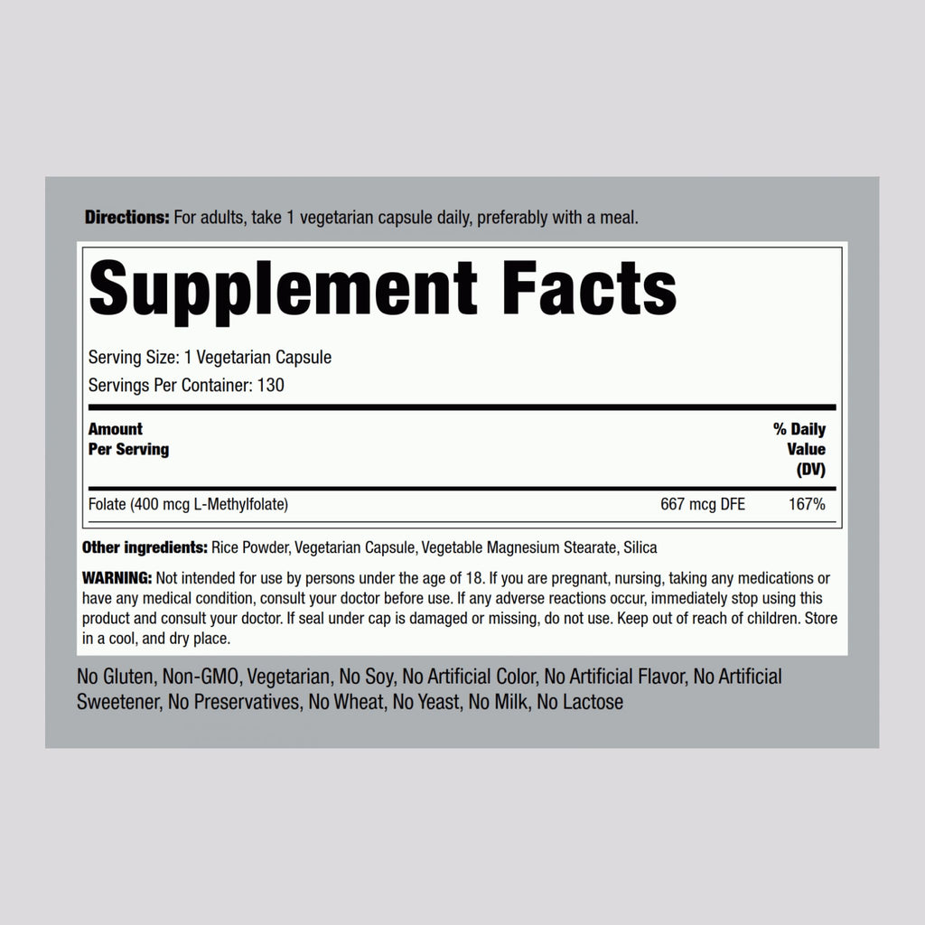 Piping Rock L-MethylFolate Supplement | 400 mcg | 130 Capsules | Pack of 2 | Vegetarian, Vegan | Non-GMO, Gluten Free