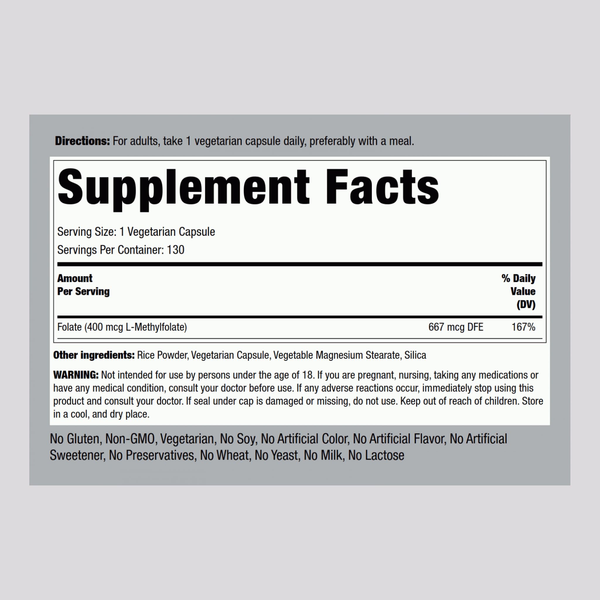 Piping Rock L-MethylFolate Supplement | 400 mcg | 130 Capsules | Pack of 2 | Vegetarian, Vegan | Non-GMO, Gluten Free