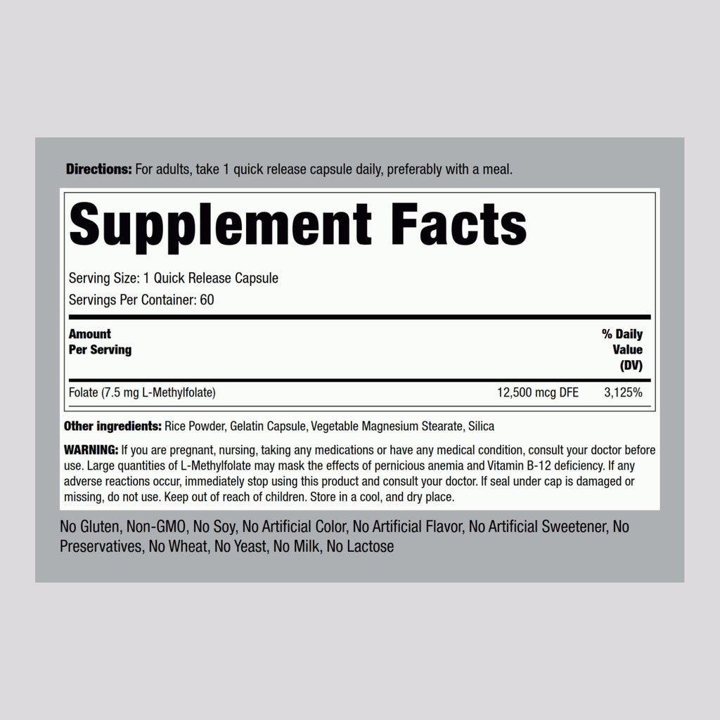 Piping Rock L-Methylfolate 7.5 mg | 60 Capsules | Extra Strength | Active Folic Acid | Non-GMO Gluten Free (Pack of 2)