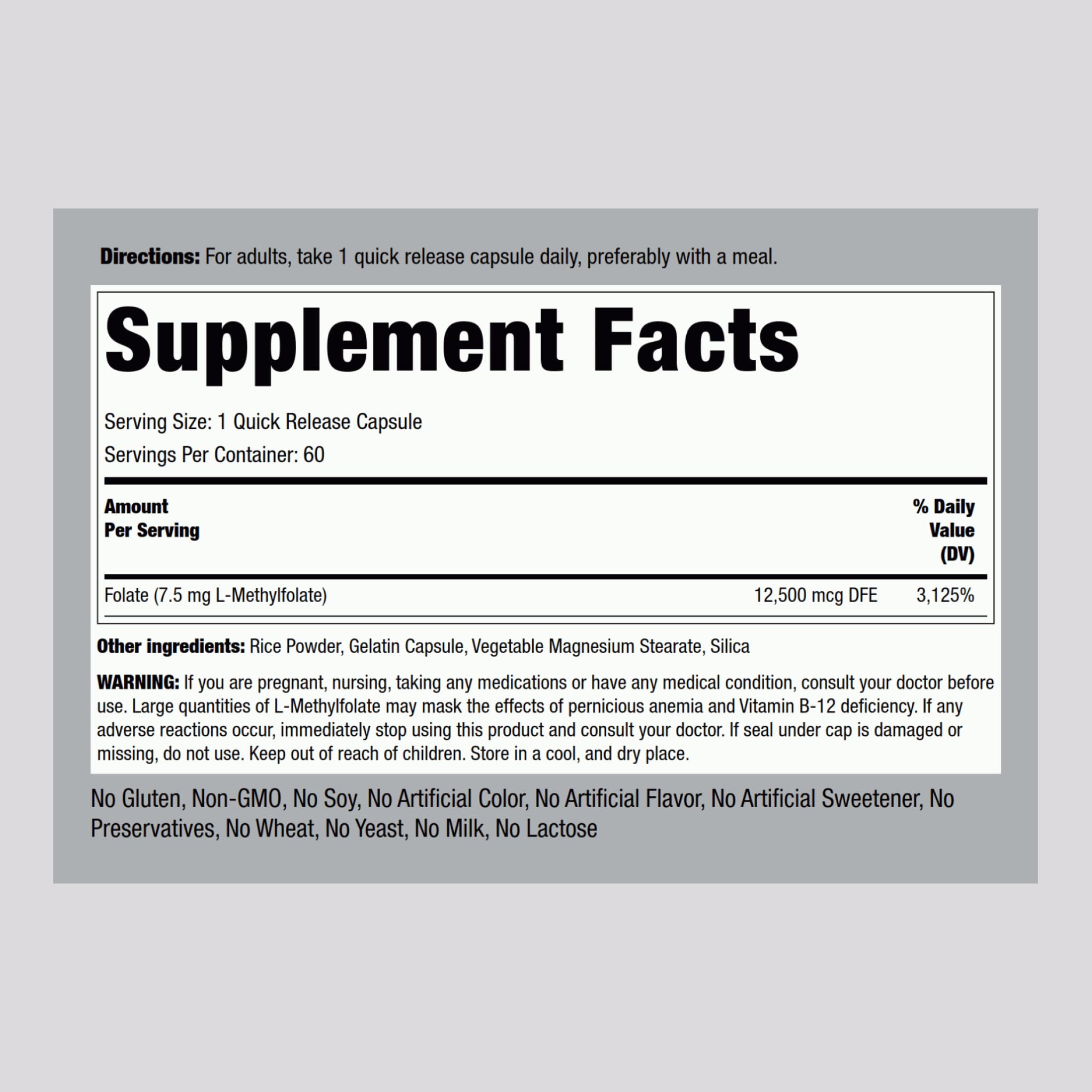 Piping Rock L-Methylfolate 7.5 mg | 60 Capsules | Extra Strength | Active Folic Acid | Non-GMO Gluten Free (Pack of 2)