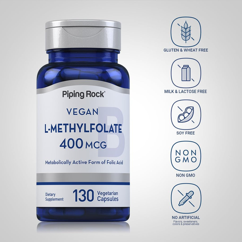 Piping Rock L-MethylFolate Supplement | 400 mcg | 130 Capsules | Pack of 2 | Vegetarian, Vegan | Non-GMO, Gluten Free