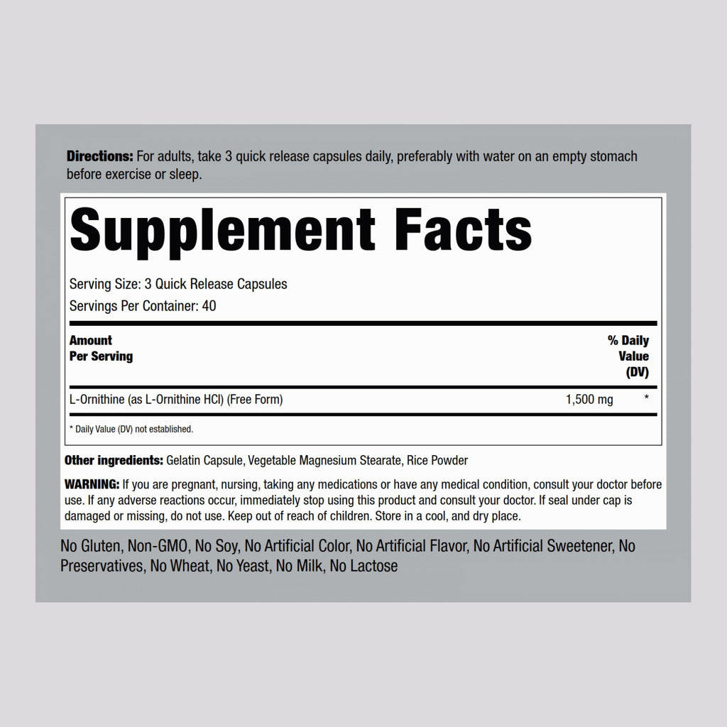 Piping Rock L-Ornithine Supplement 1500 mg – 120 Capsules | Free Form HCl | Non-GMO & Gluten Free (Pack of 2)