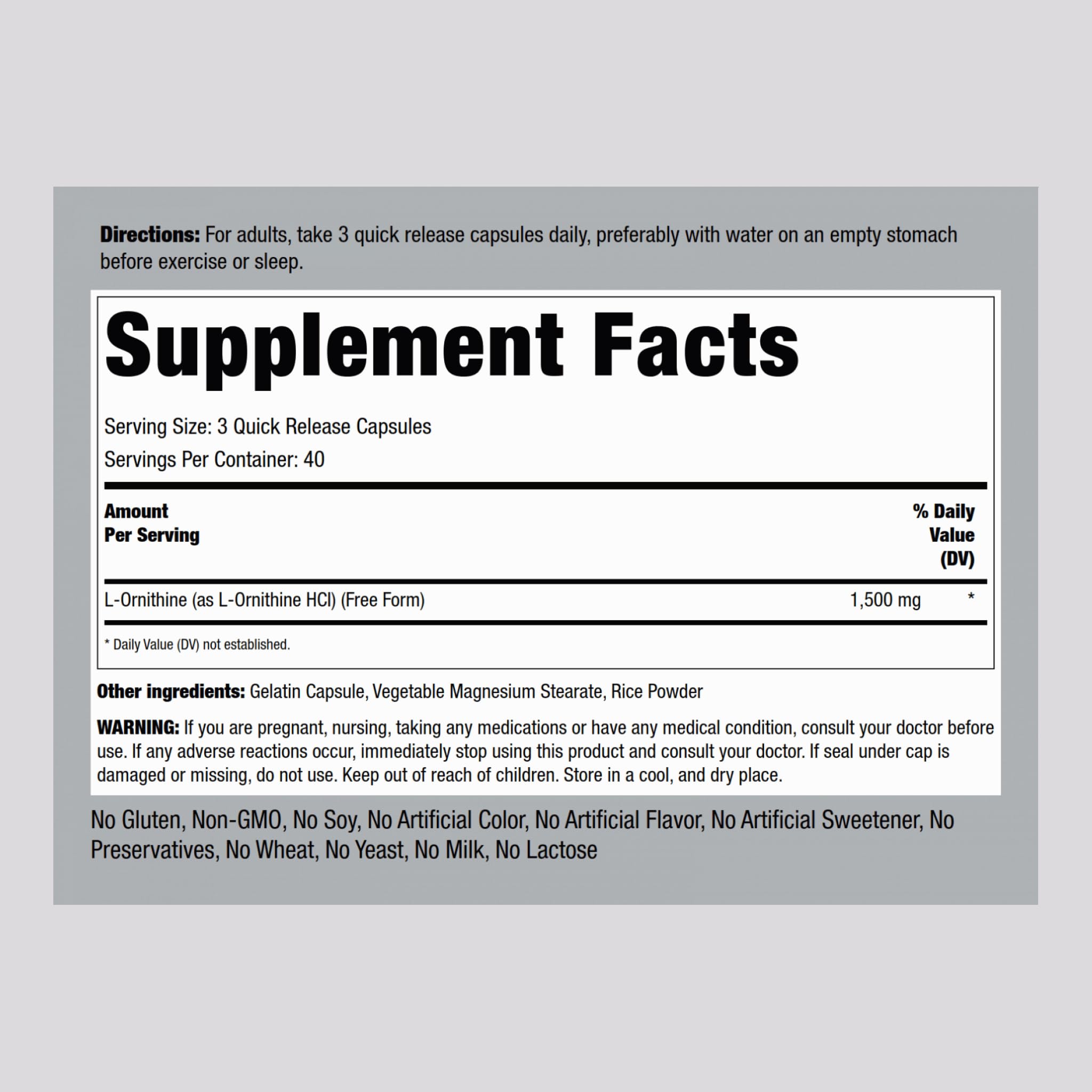 Piping Rock L-Ornithine Supplement 1500 mg – 120 Capsules | Free Form HCl | Non-GMO & Gluten Free (Pack of 2)