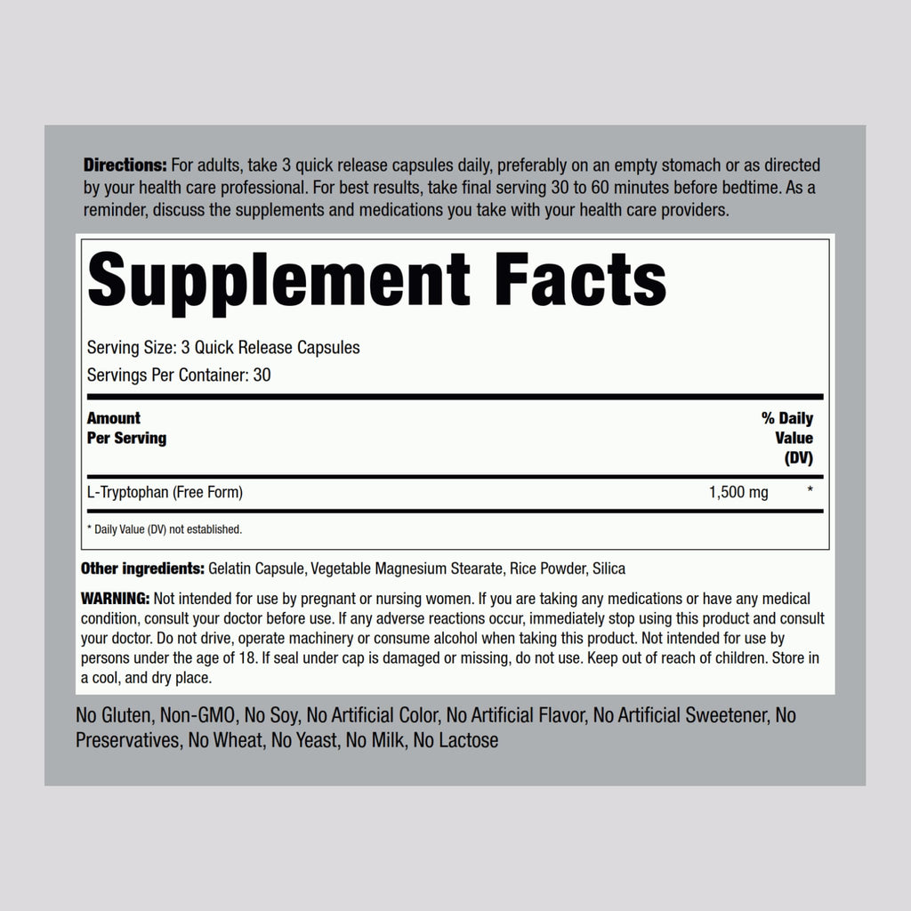 Piping Rock L-Tryptophan 1500mg | 90 Powder Capsules | Non-GMO, Gluten Free