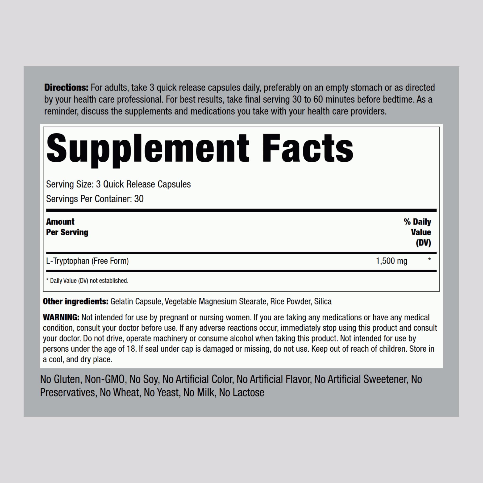 Piping Rock L-Tryptophan 1500mg | 90 Powder Capsules | Non-GMO, Gluten Free