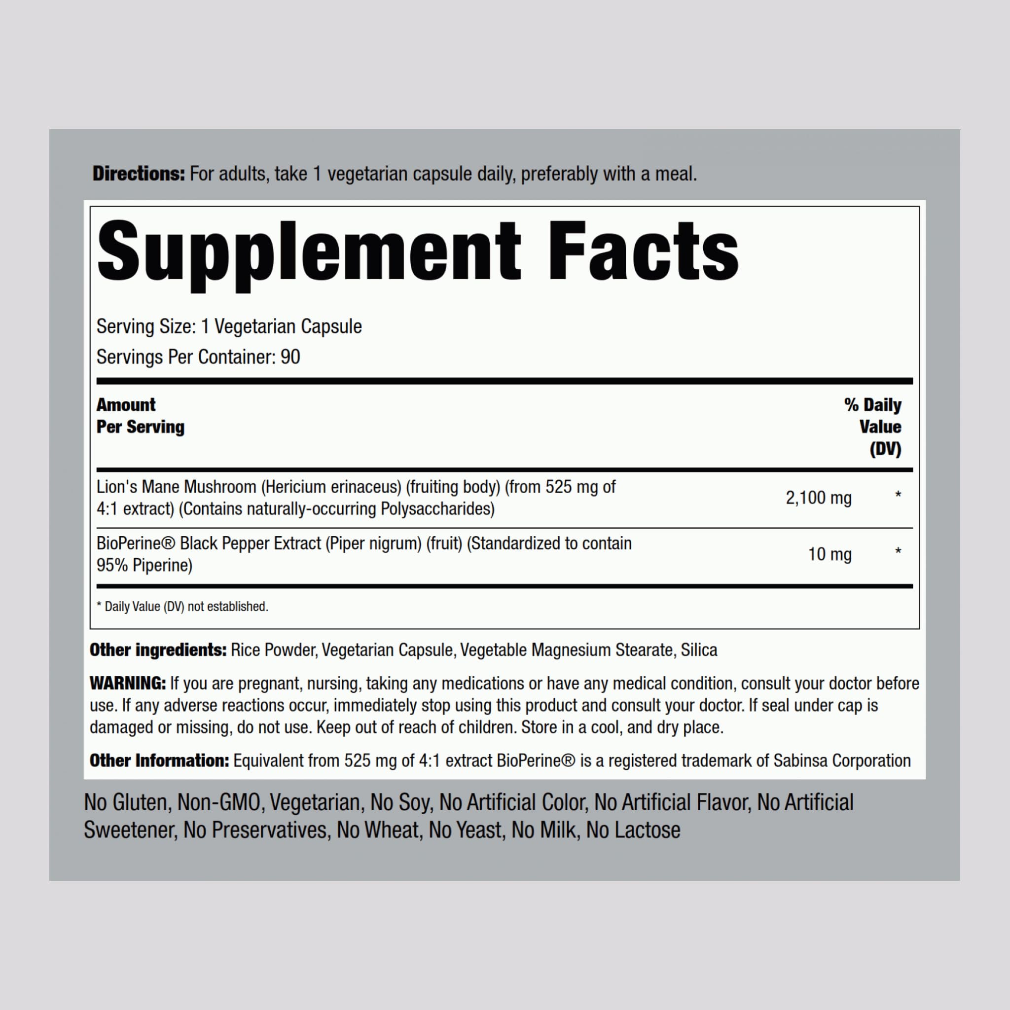 Piping Rock Lions Mane 2100mg Capsules | 90 Count | Vegan, Non-GMO, Gluten Free