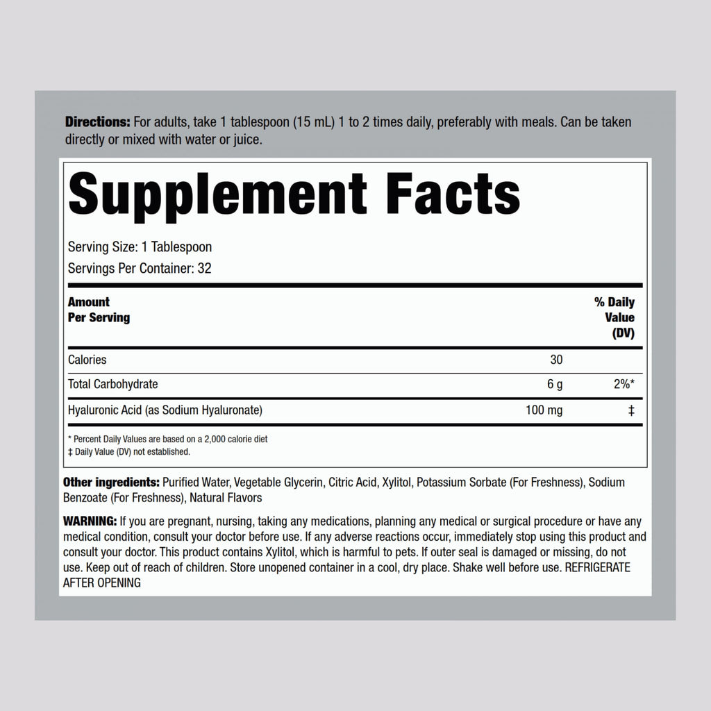 Piping Rock Liquid Hyaluronic Acid Supplement – 100mg, 16 fl oz | Natural Berry Flavor | Vegetarian, Non-GMO, Gluten Free
