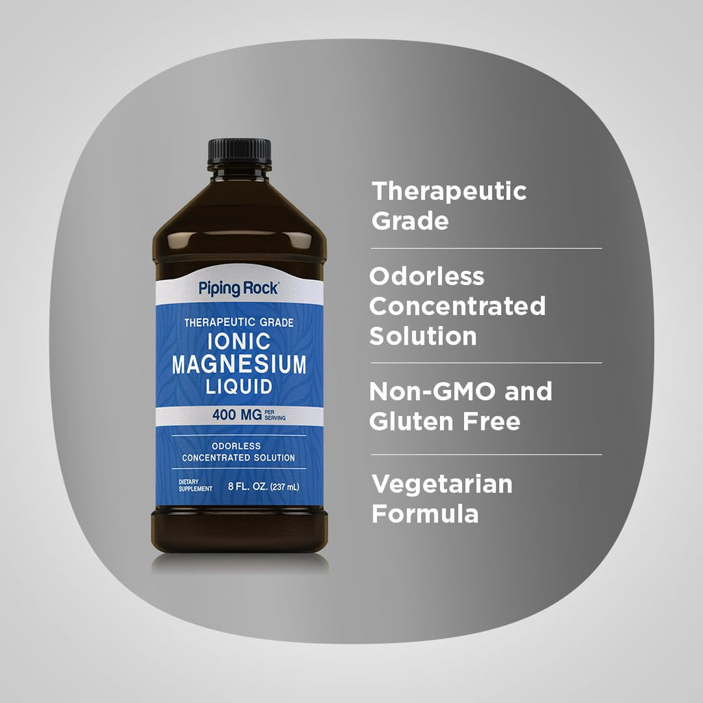 Piping Rock Liquid Ionic Magnesium – 400 mg per Serving, 8 oz, Non-GMO & Gluten Free | Pack of 2