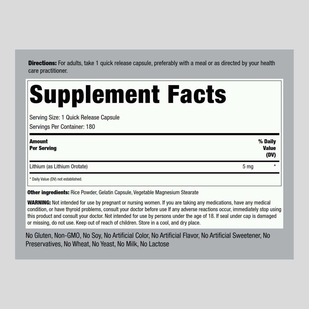 Piping Rock Lithium Orotate 5 mg – 180 Capsules, Non-GMO, Gluten Free (Pack of 2)