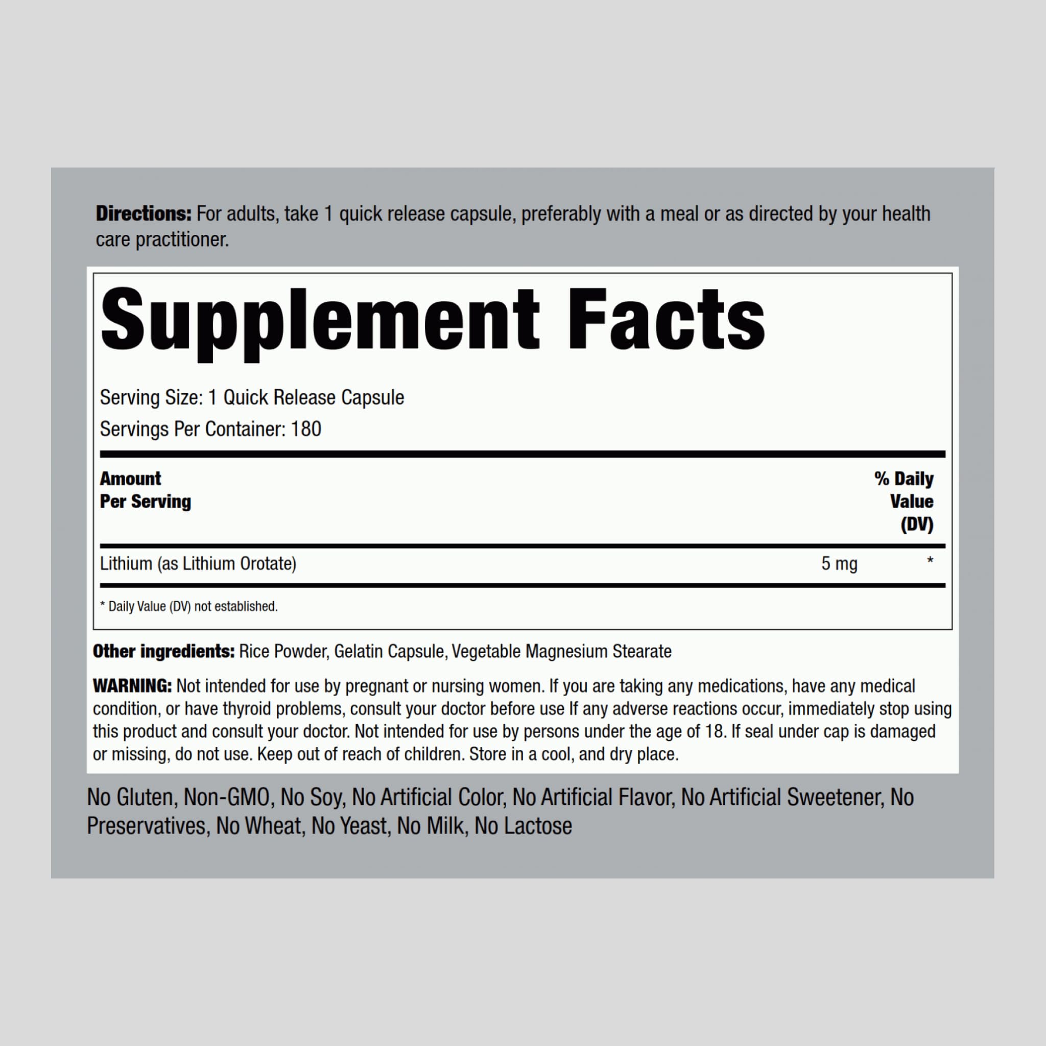 Piping Rock Lithium Orotate 5 mg – 180 Capsules, Non-GMO, Gluten Free (Pack of 2)
