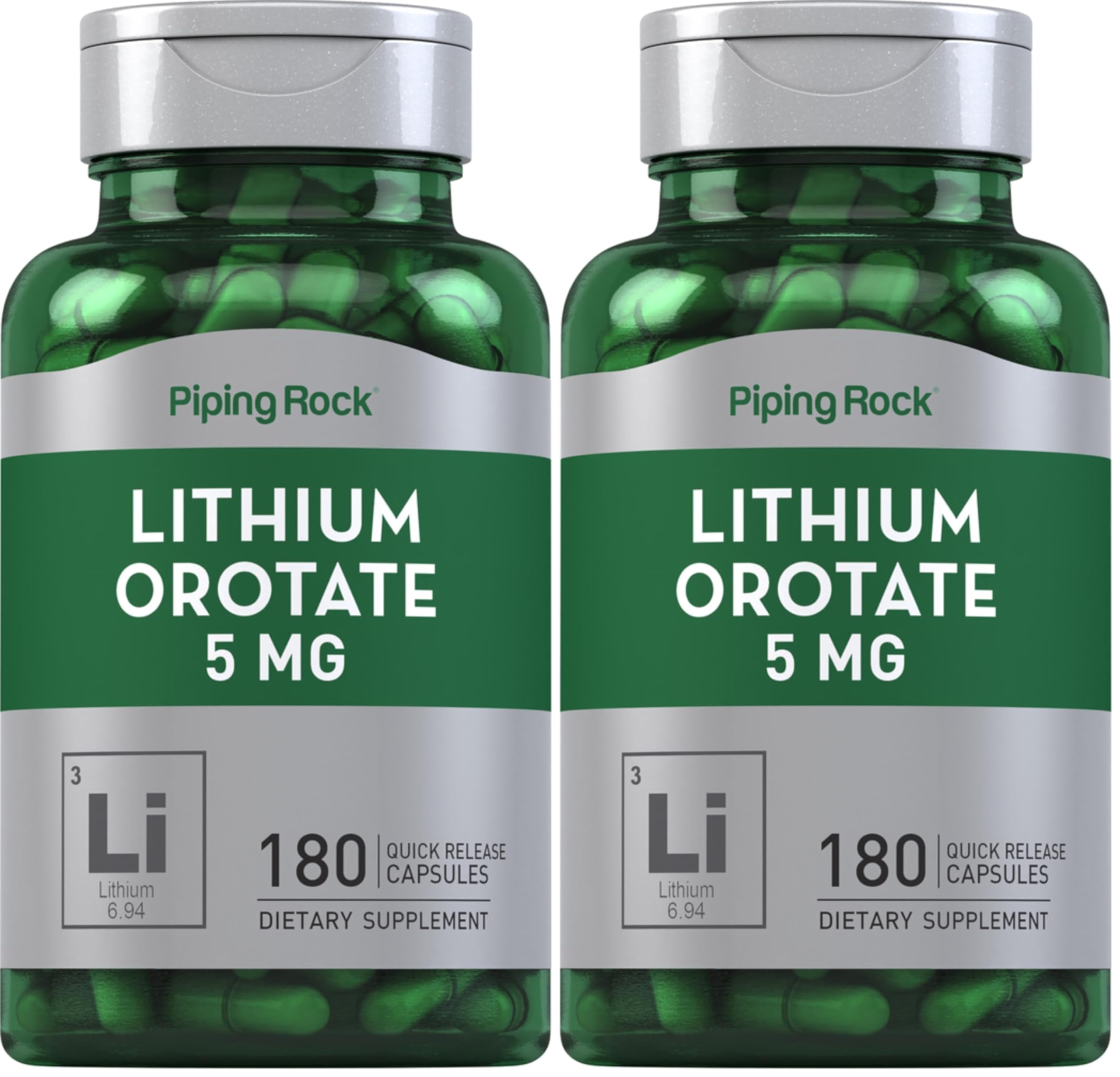 Piping Rock Lithium Orotate 5 mg – 180 Capsules, Non-GMO, Gluten Free (Pack of 2)