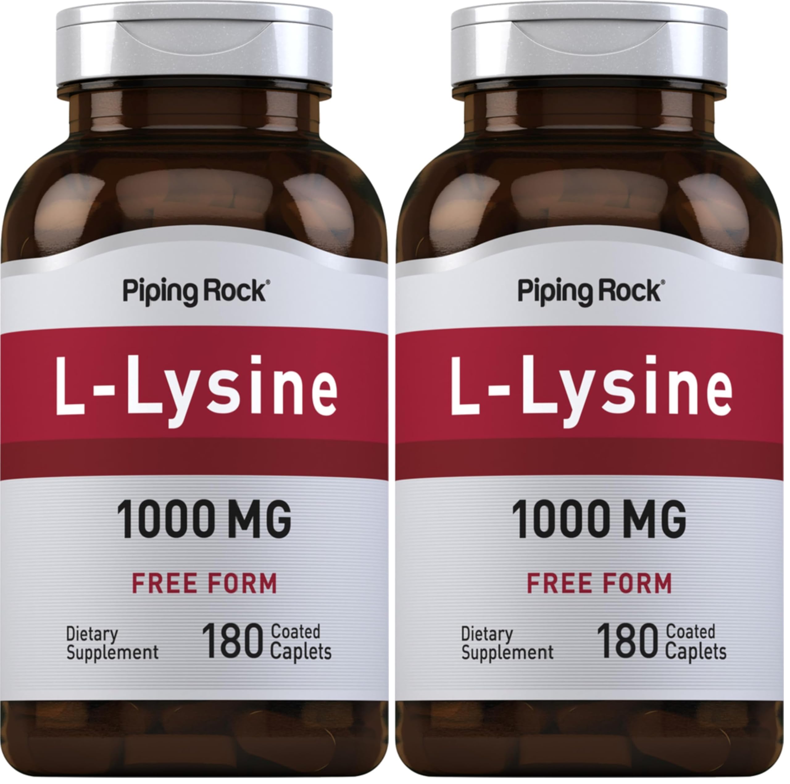 Piping Rock L-Lysine 1000mg | 180 Caplets | Free Form | Vegetarian, Non-GMO, Gluten Free (Pack of 2)
