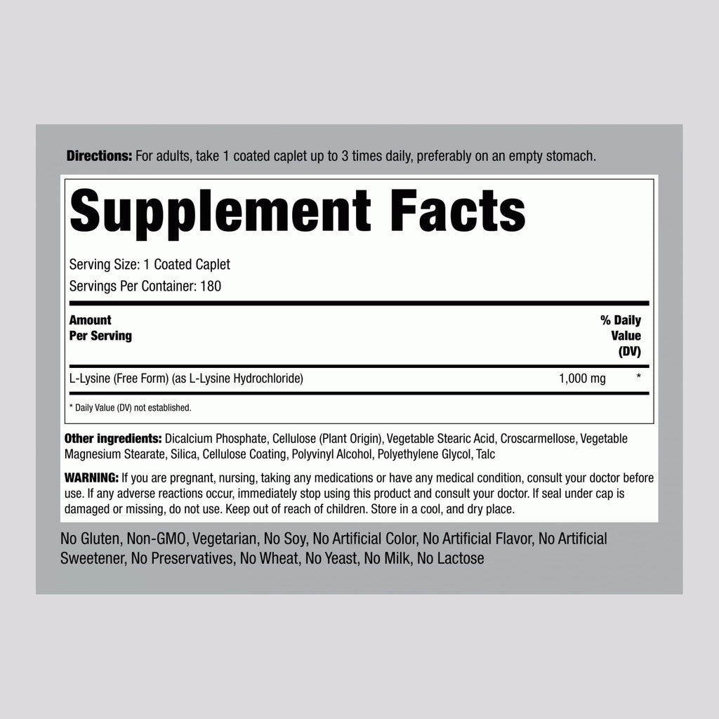 Piping Rock L-Lysine 1000mg | 180 Caplets | Free Form | Vegetarian, Non-GMO, Gluten Free (Pack of 2)
