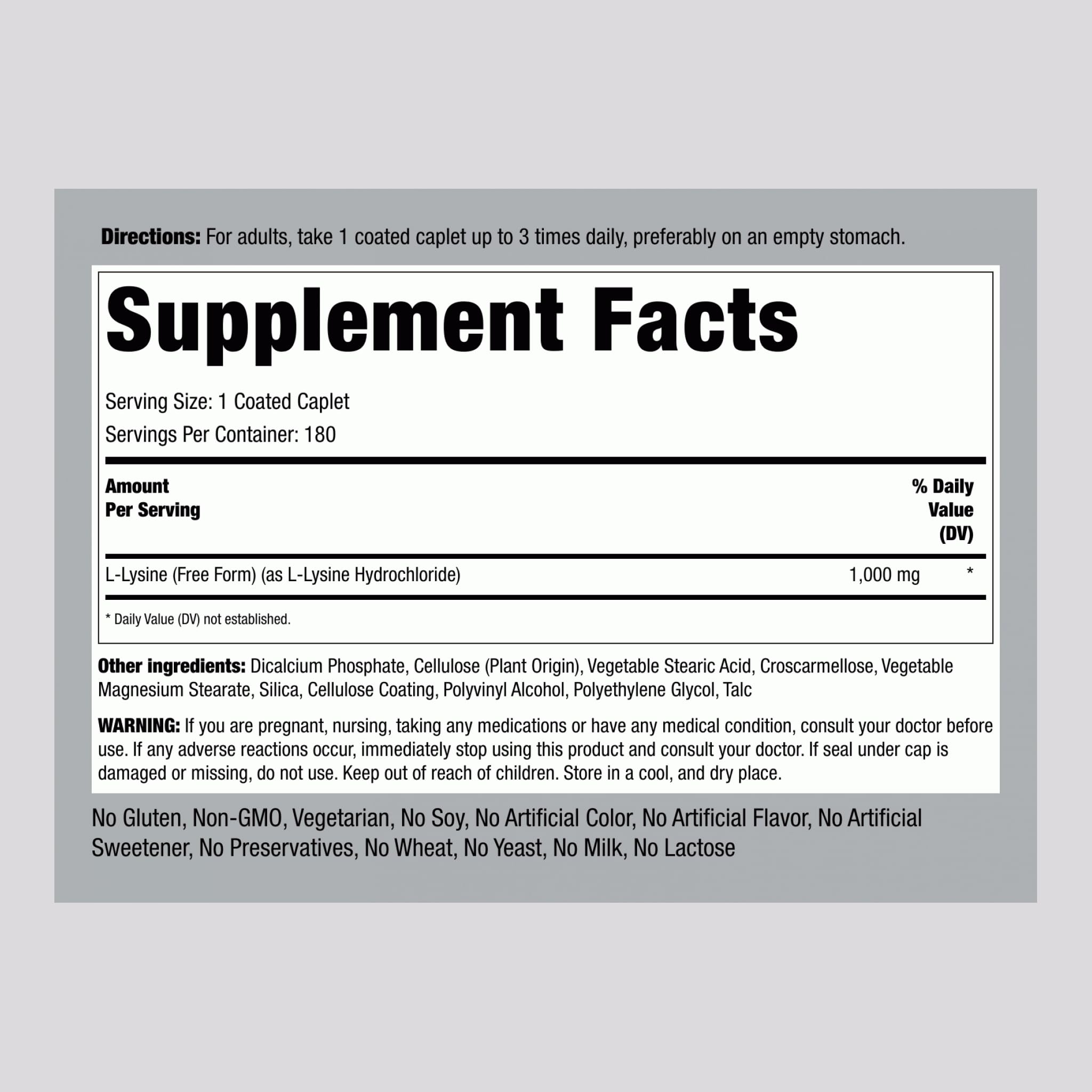 Piping Rock L-Lysine 1000mg | 180 Caplets | Free Form | Vegetarian, Non-GMO, Gluten Free (Pack of 2)
