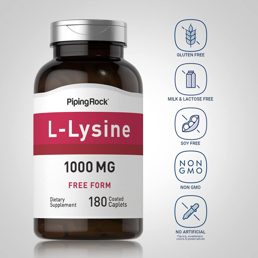 Piping Rock L-Lysine 1000mg | 180 Caplets | Free Form | Vegetarian, Non-GMO, Gluten Free (Pack of 2)