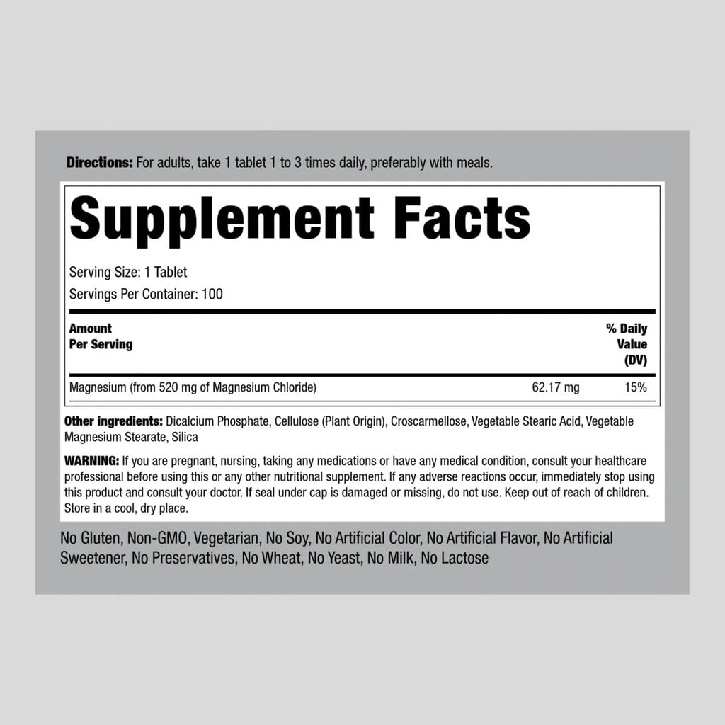 Piping Rock Magnesium Chloride 520mg – 100 Tablets | Vegetarian, Non-GMO, Gluten Free (Pack of 2)