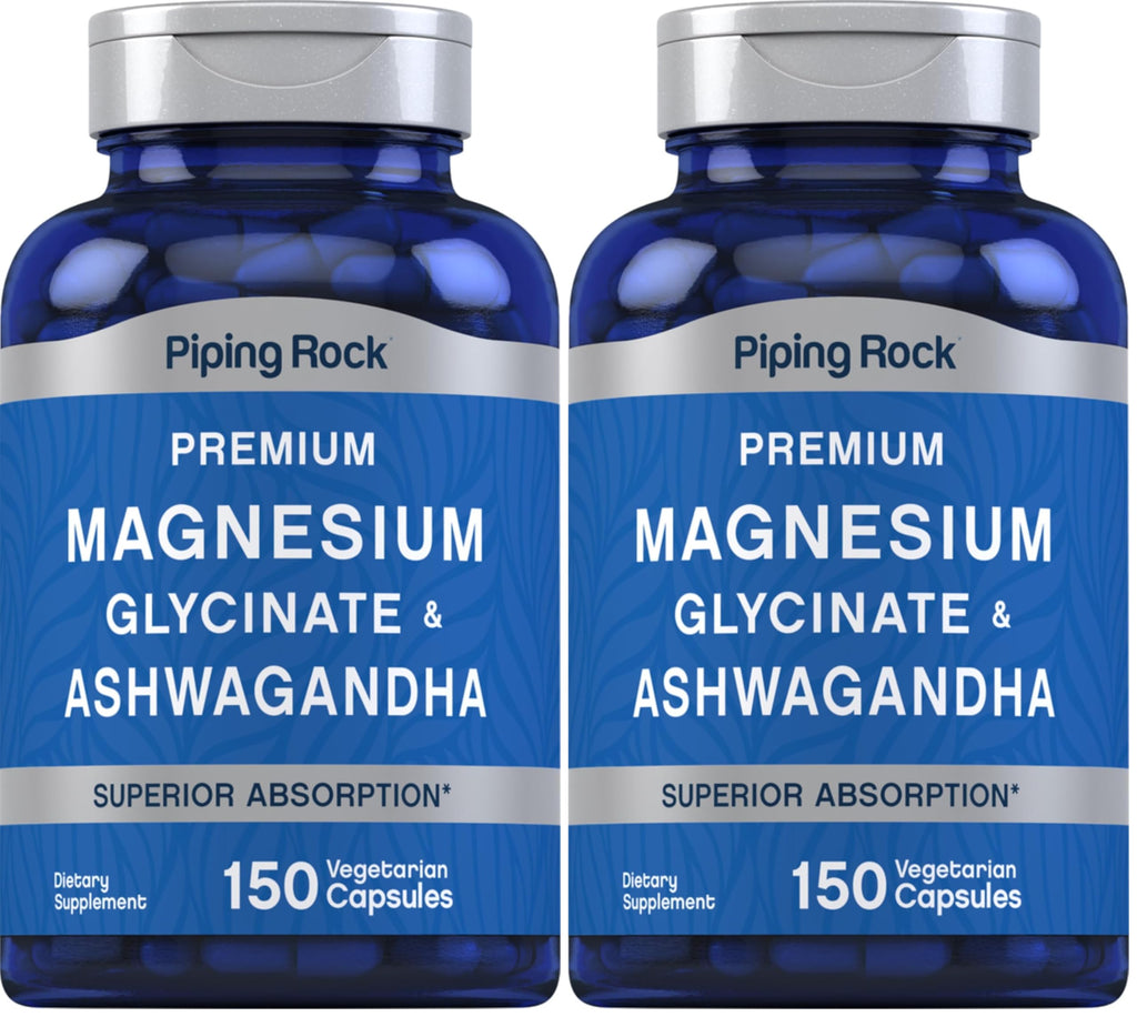 Piping Rock Magnesium Glycinate & Ashwagandha – 150 Capsules, Vegetarian, Non-GMO, Gluten Free (Pack of 2)