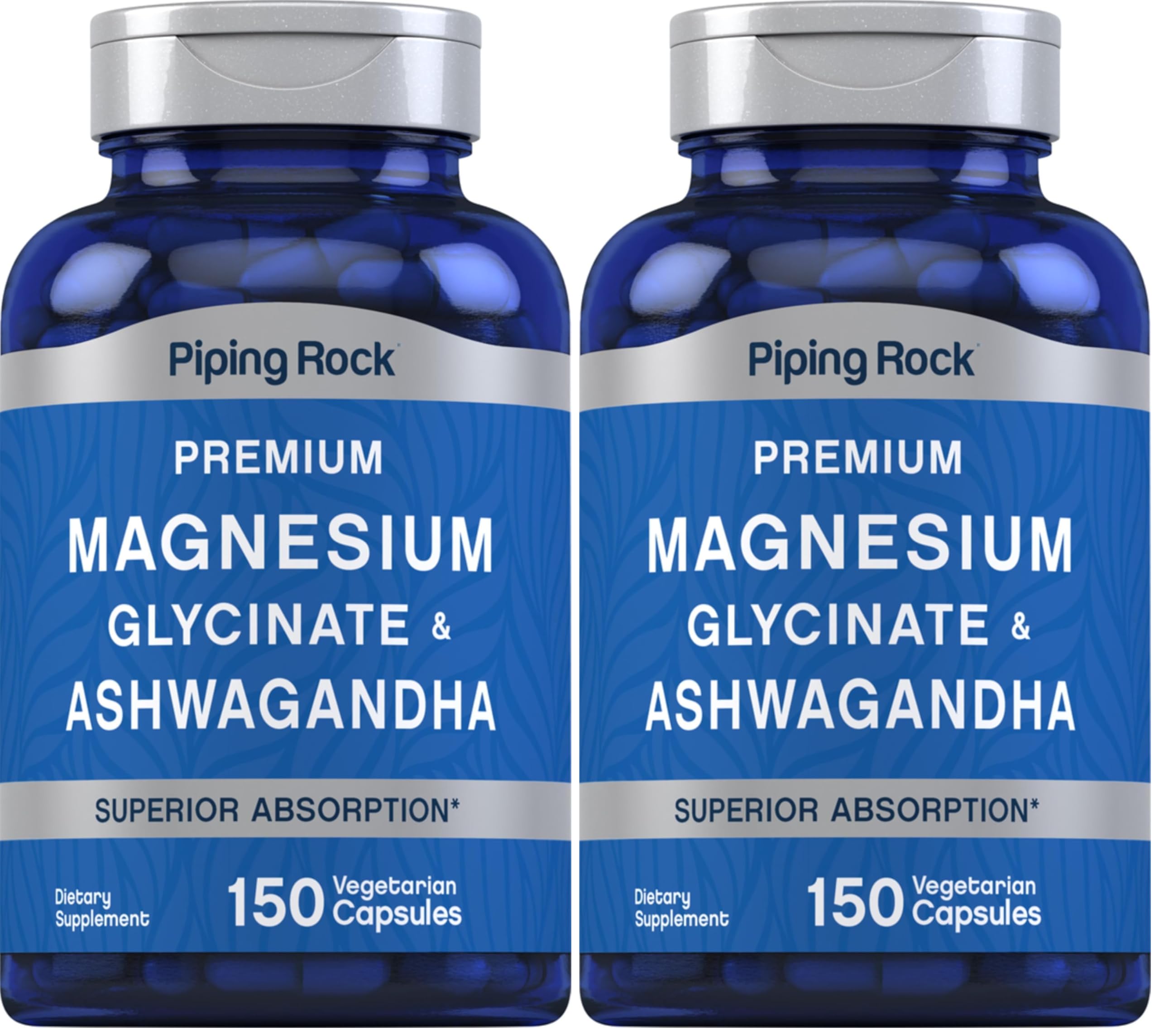 Piping Rock Magnesium Glycinate & Ashwagandha – 150 Capsules, Vegetarian, Non-GMO, Gluten Free (Pack of 2)