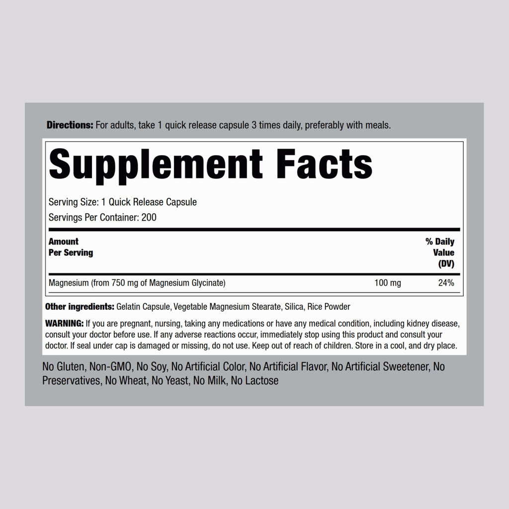 Piping Rock Magnesium Glycinate Capsules | 750mg | 200 Count | High Absorption | Chelated | Non-GMO and Gluten Free Supplement (Pack of 2)