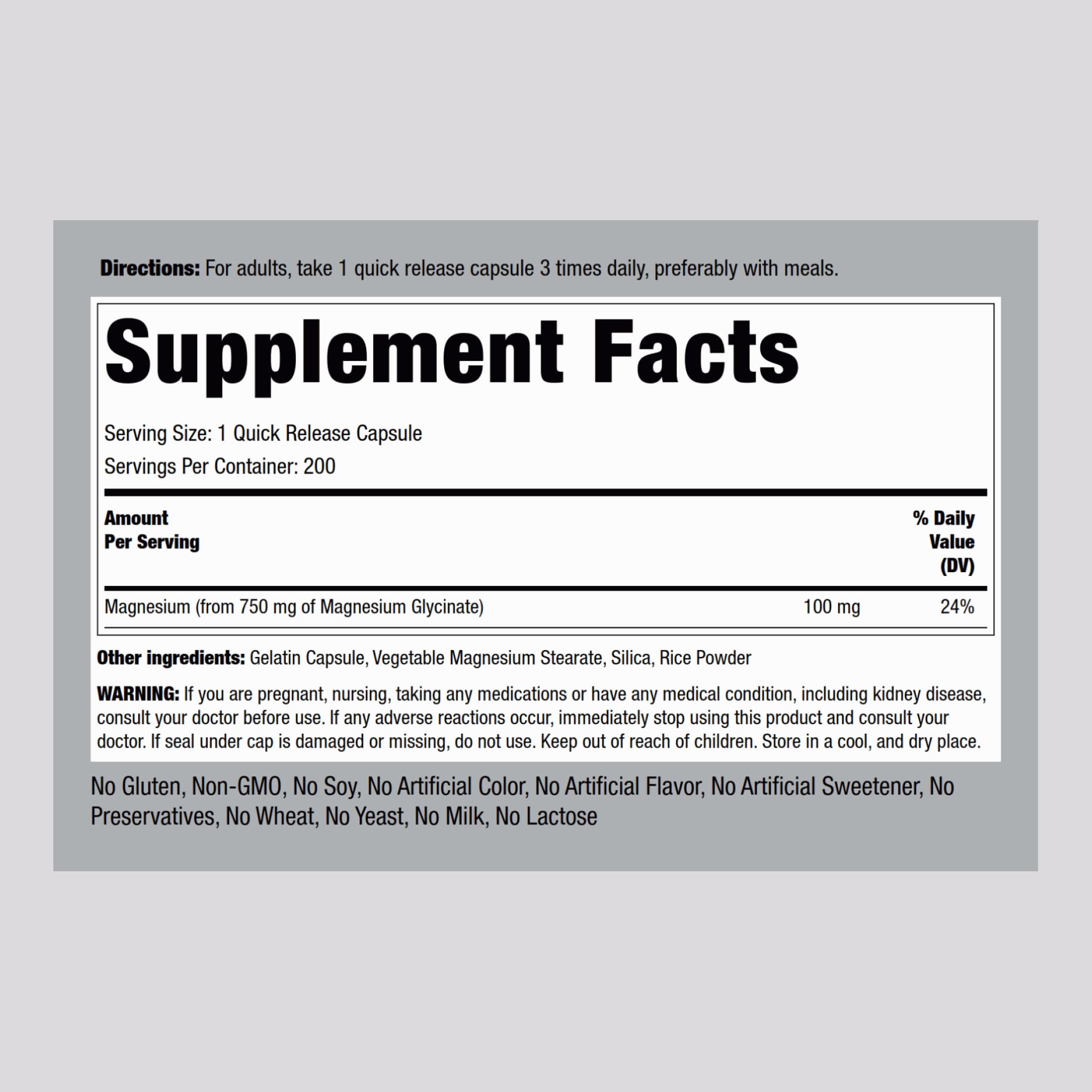 Piping Rock Magnesium Glycinate Capsules | 750mg | 200 Count | High Absorption | Chelated | Non-GMO and Gluten Free Supplement (Pack of 2)