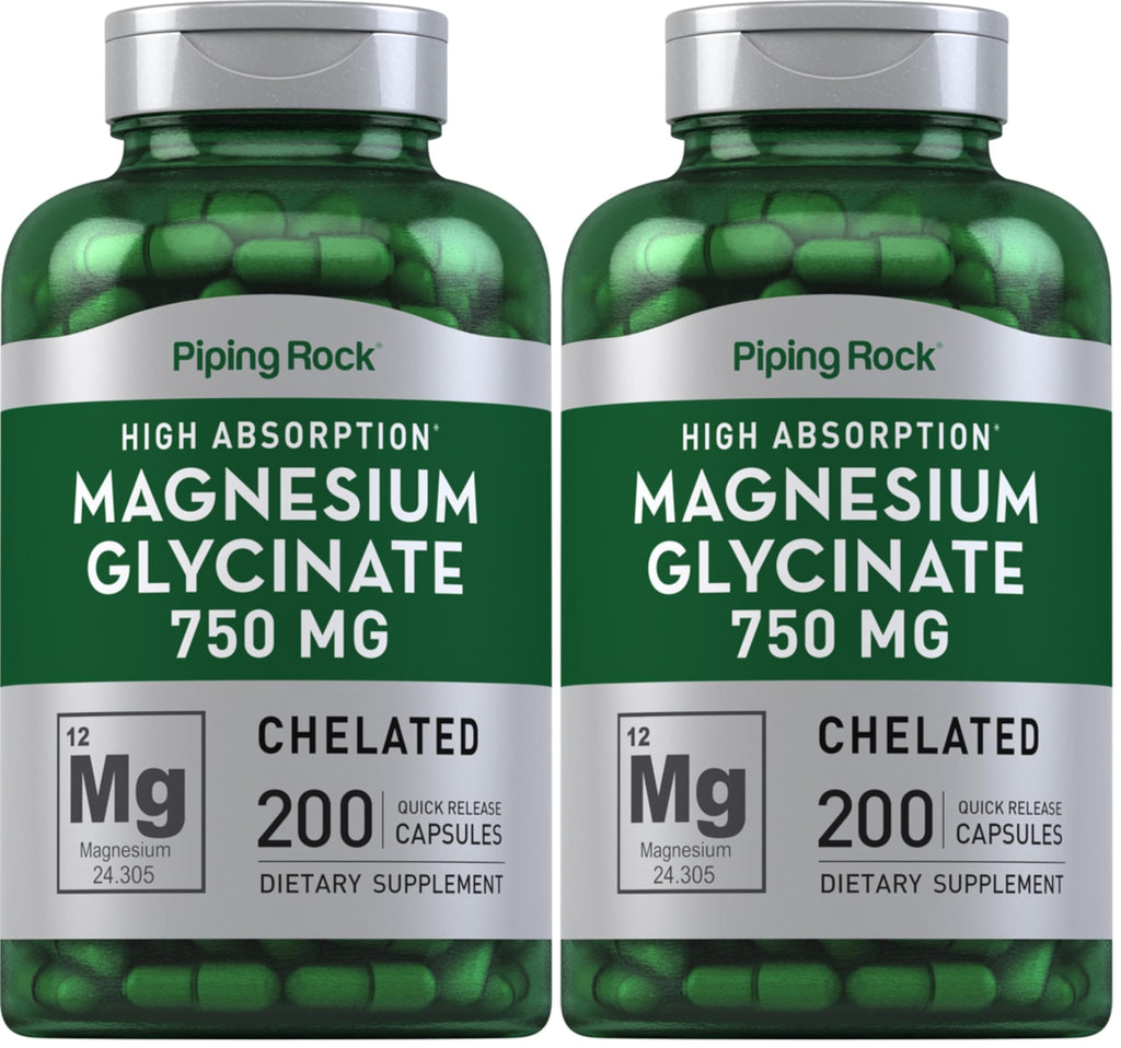 Piping Rock Magnesium Glycinate Capsules | 750mg | 200 Count | High Absorption | Chelated | Non-GMO and Gluten Free Supplement (Pack of 2)