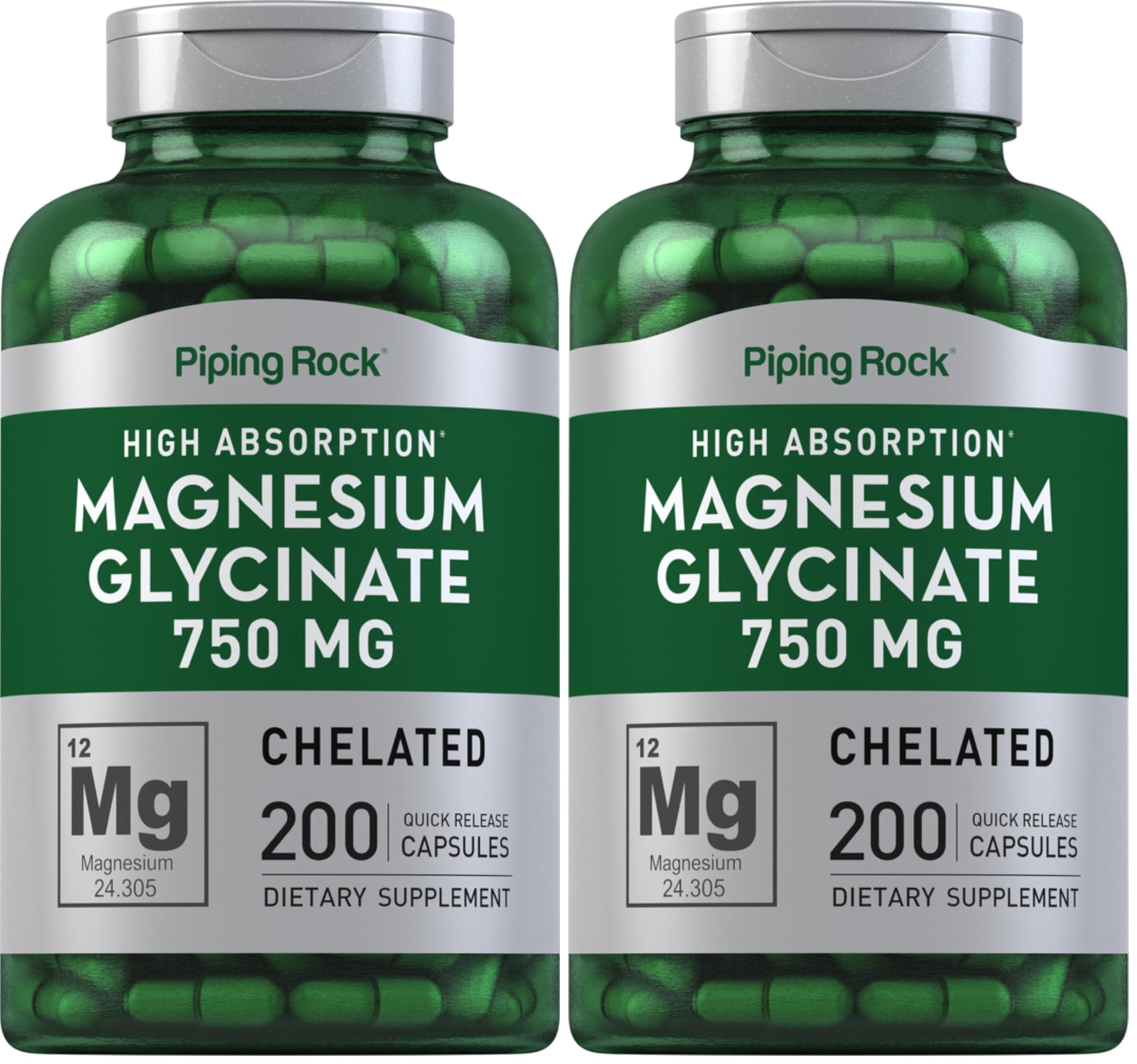 Piping Rock Magnesium Glycinate Capsules | 750mg | 200 Count | High Absorption | Chelated | Non-GMO and Gluten Free Supplement (Pack of 2)