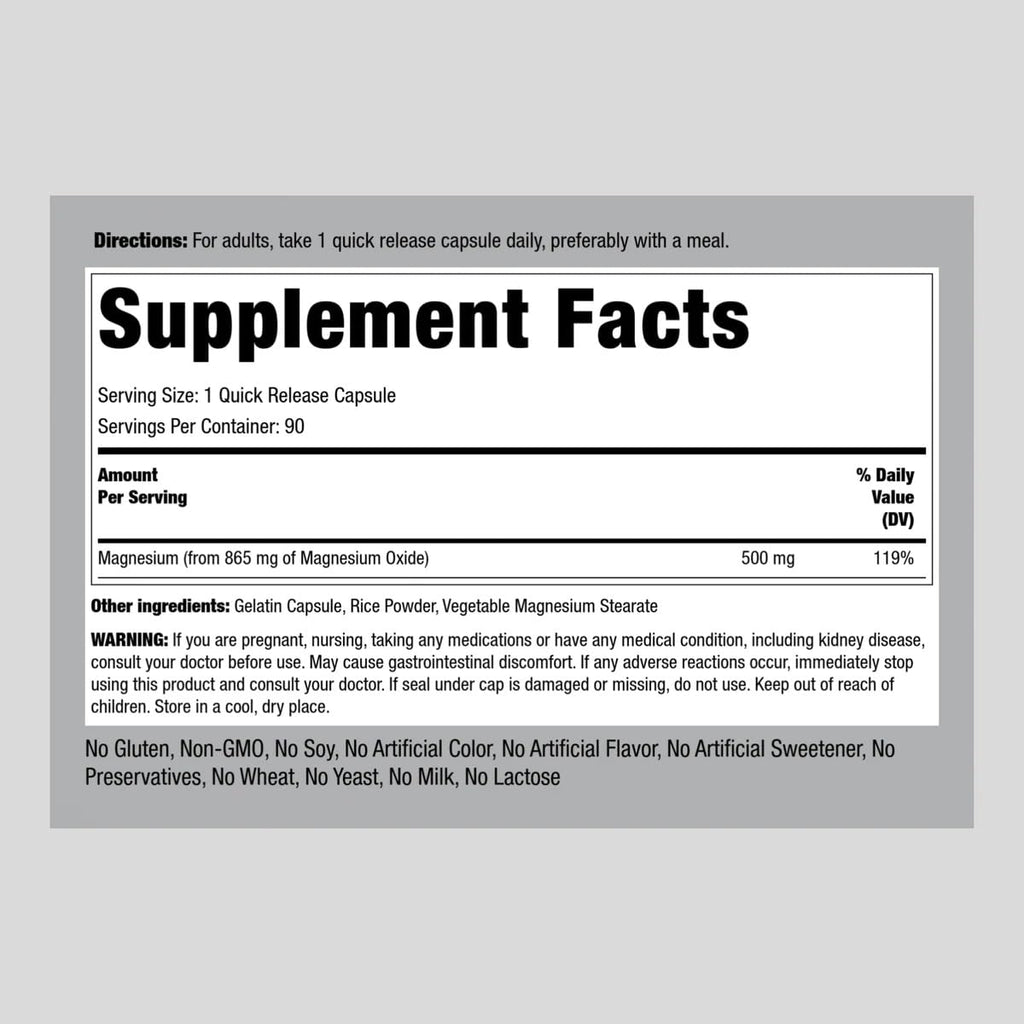 Piping Rock Magnesium Oxide 500mg Capsules – 180 Count (Pack of 2) | Non-GMO, Gluten Free