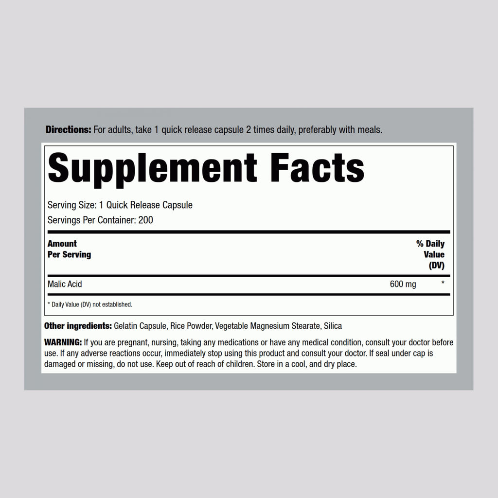 Piping Rock Malic Acid Capsules 600mg - 200 Caps (Pack of 2) | Gluten Free & Non-GMO