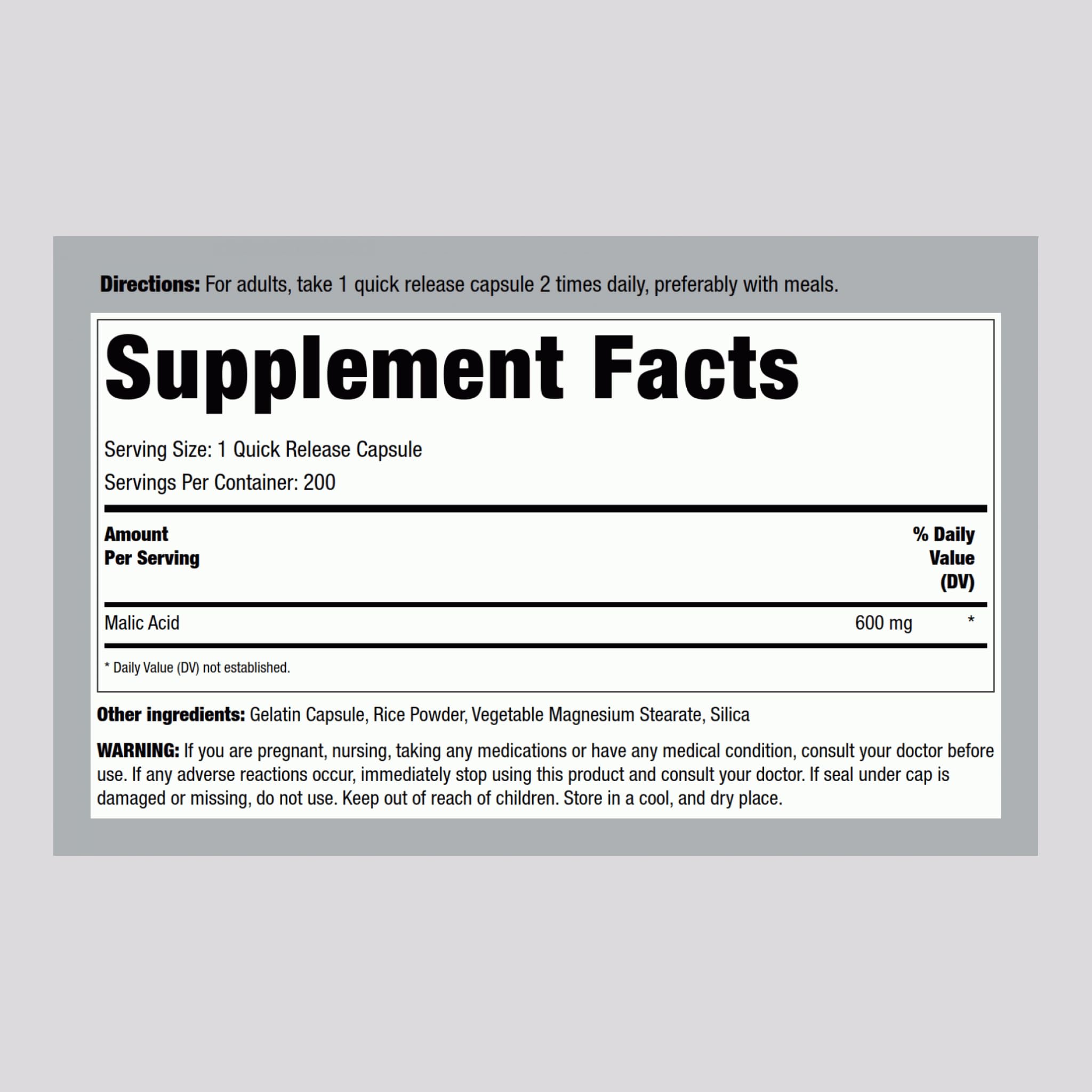 Piping Rock Malic Acid Capsules 600mg - 200 Caps (Pack of 2) | Gluten Free & Non-GMO
