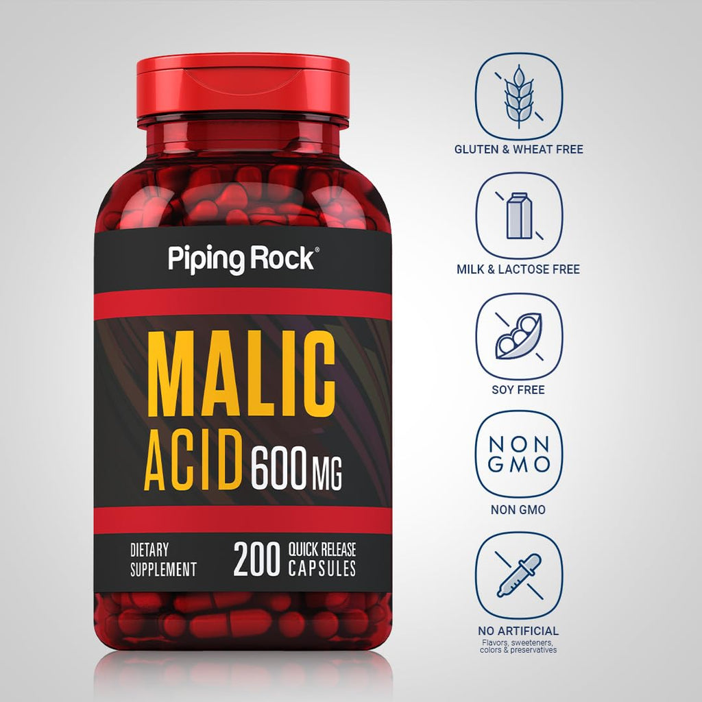 Piping Rock Malic Acid Capsules 600mg - 200 Caps (Pack of 2) | Gluten Free & Non-GMO
