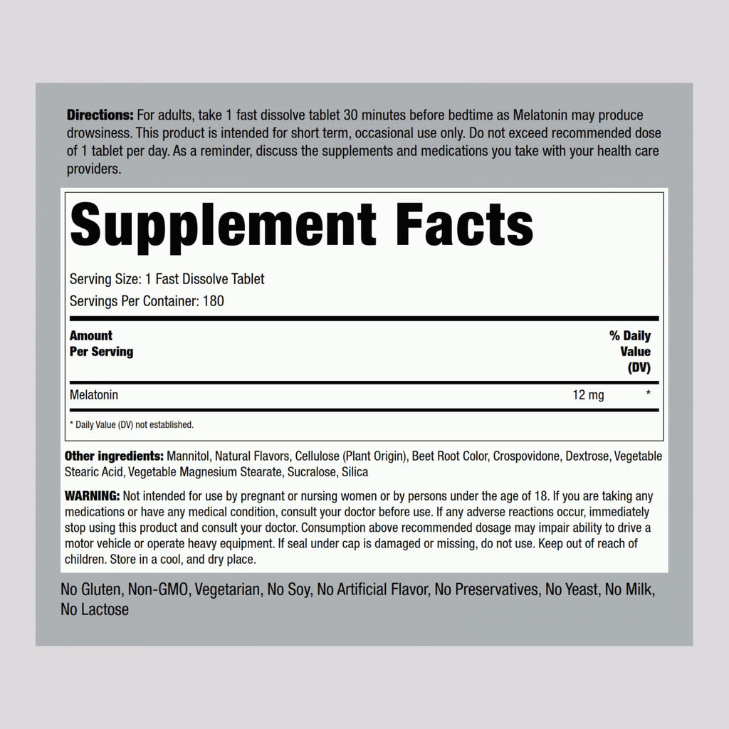 Piping Rock Melatonin 12 mg – 180 Fast-Dissolve Tablets (Berry) – Non-GMO, Gluten Free | Pack of 2