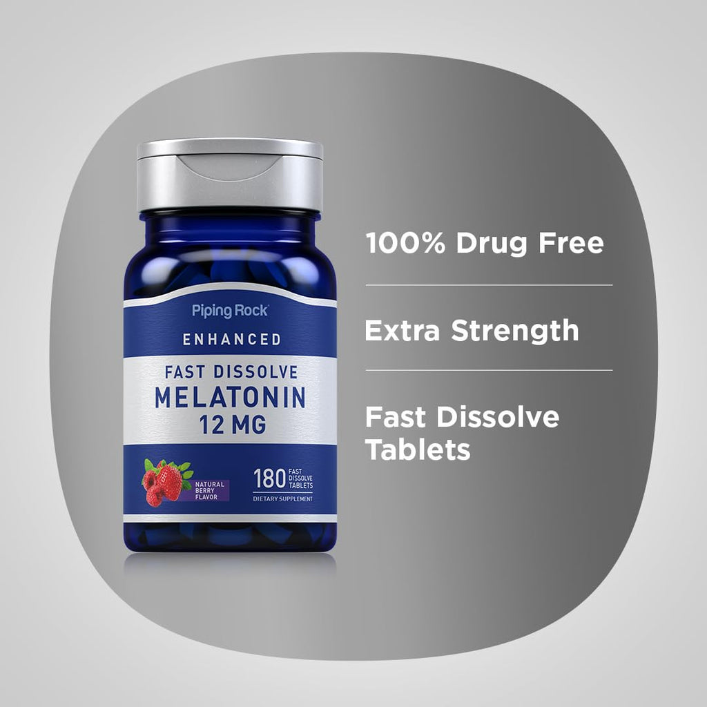Piping Rock Melatonin 12 mg – 180 Fast-Dissolve Tablets (Berry) – Non-GMO, Gluten Free | Pack of 2