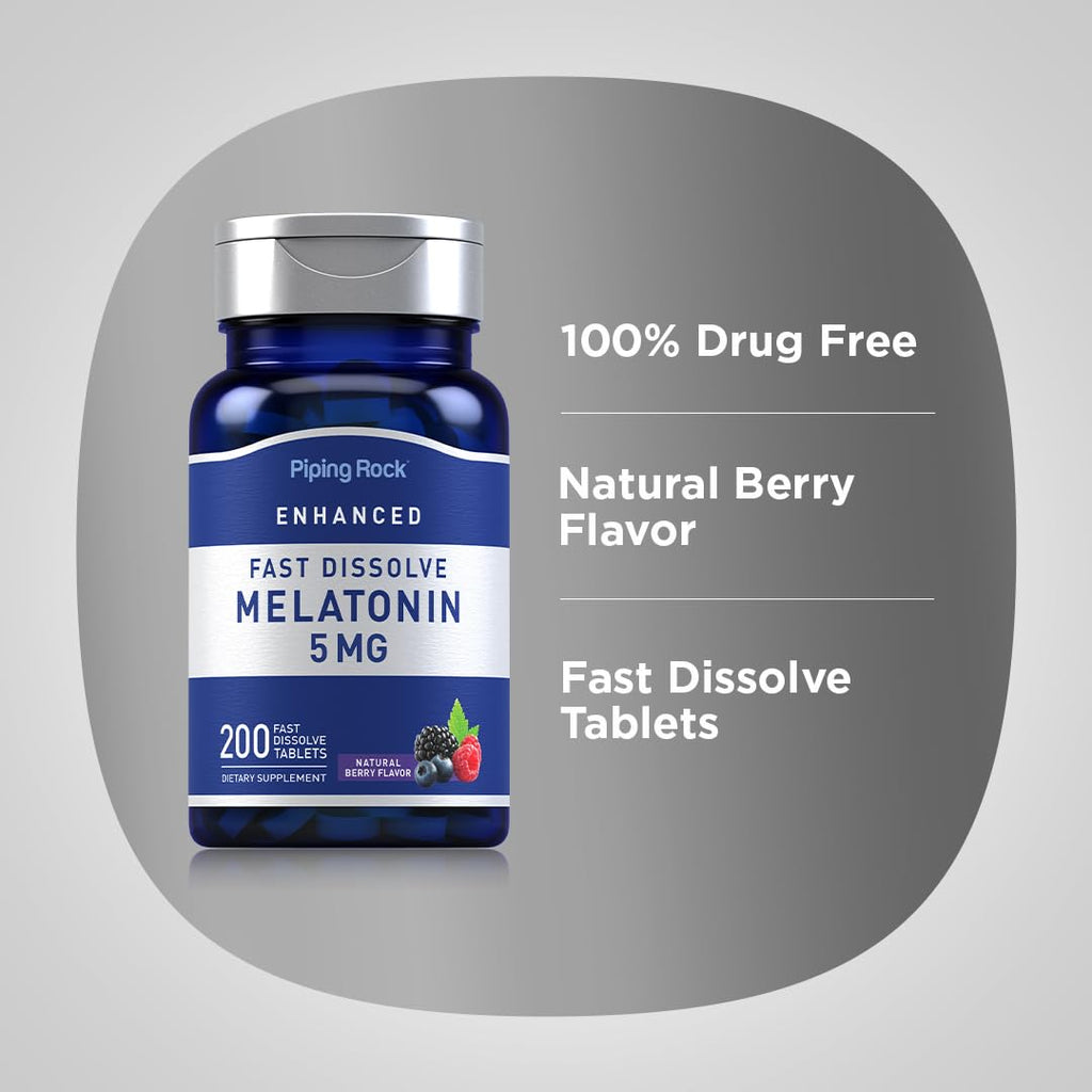 Piping Rock Melatonin 5mg – 200 Fast Dissolve Tablets | Berry Flavor | Vegetarian, Non-GMO, Gluten Free