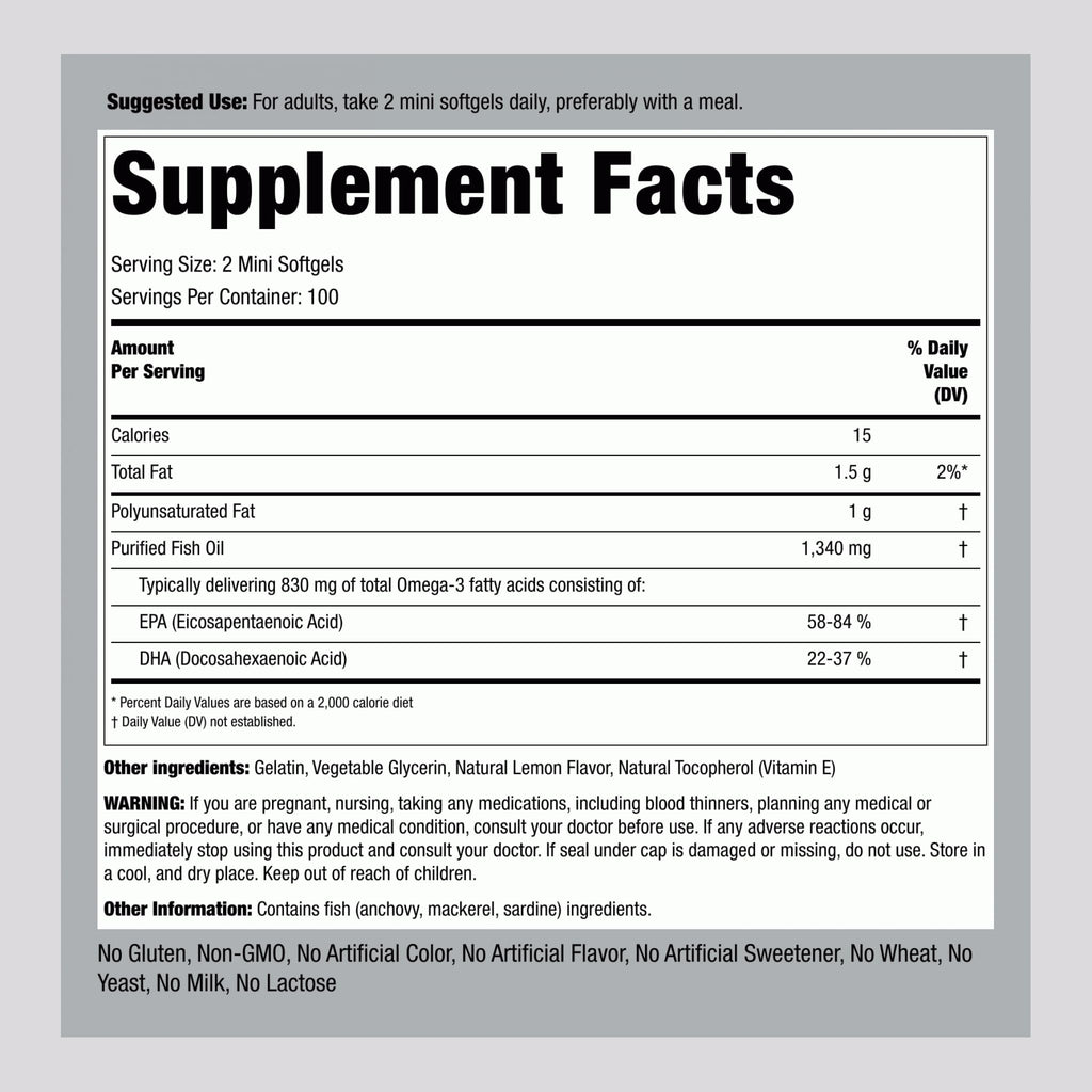 Piping Rock Mini Fish Oil 1340mg | 200 Softgels | Omega-3 Lemon Flavor | Non-GMO & Gluten Free