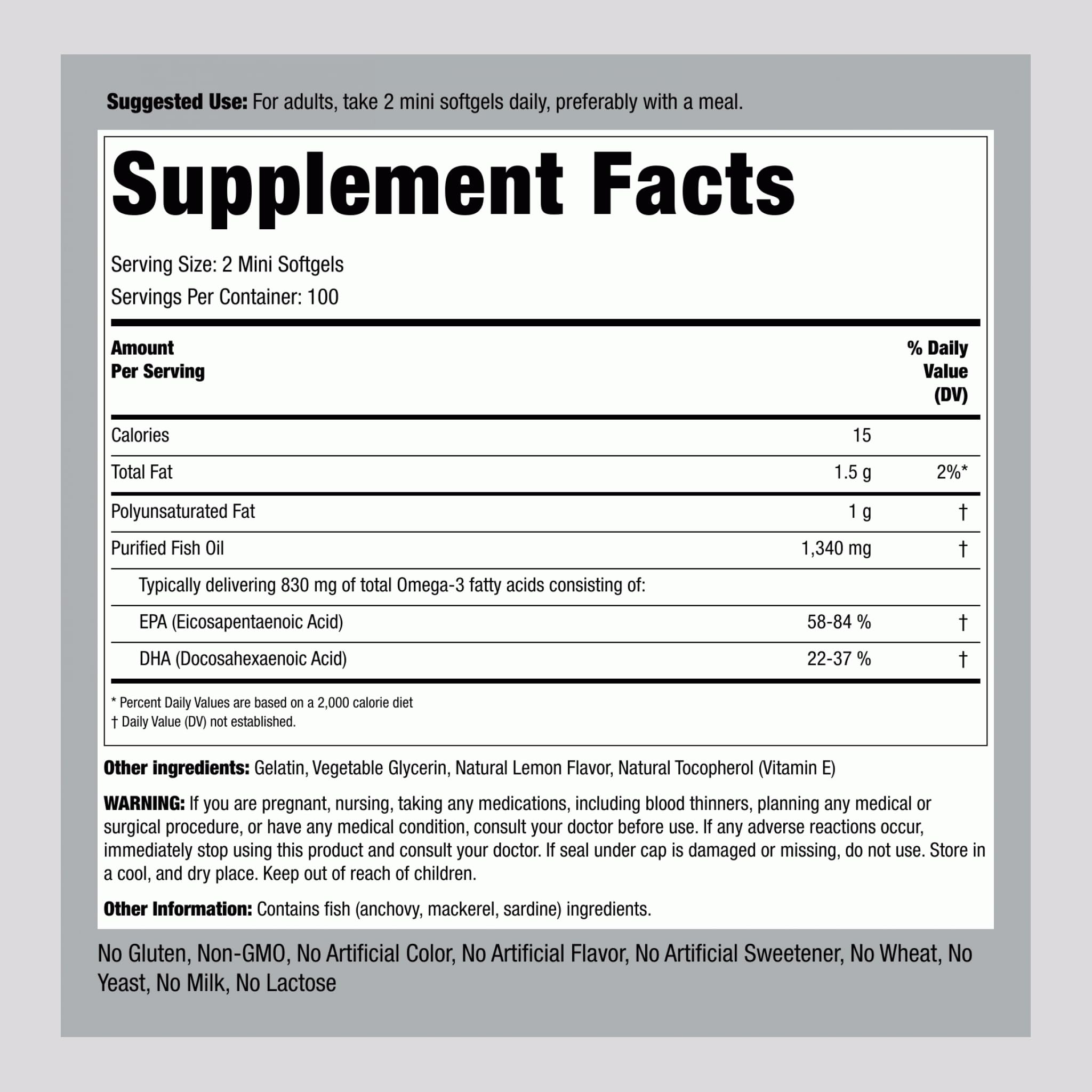 Piping Rock Mini Fish Oil 1340mg | 200 Softgels | Omega-3 Lemon Flavor | Non-GMO & Gluten Free