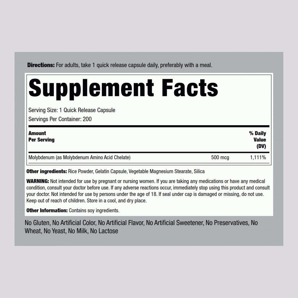 Piping Rock Molybdenum Supplement 500 mcg | 200 Capsules | Pack of 2