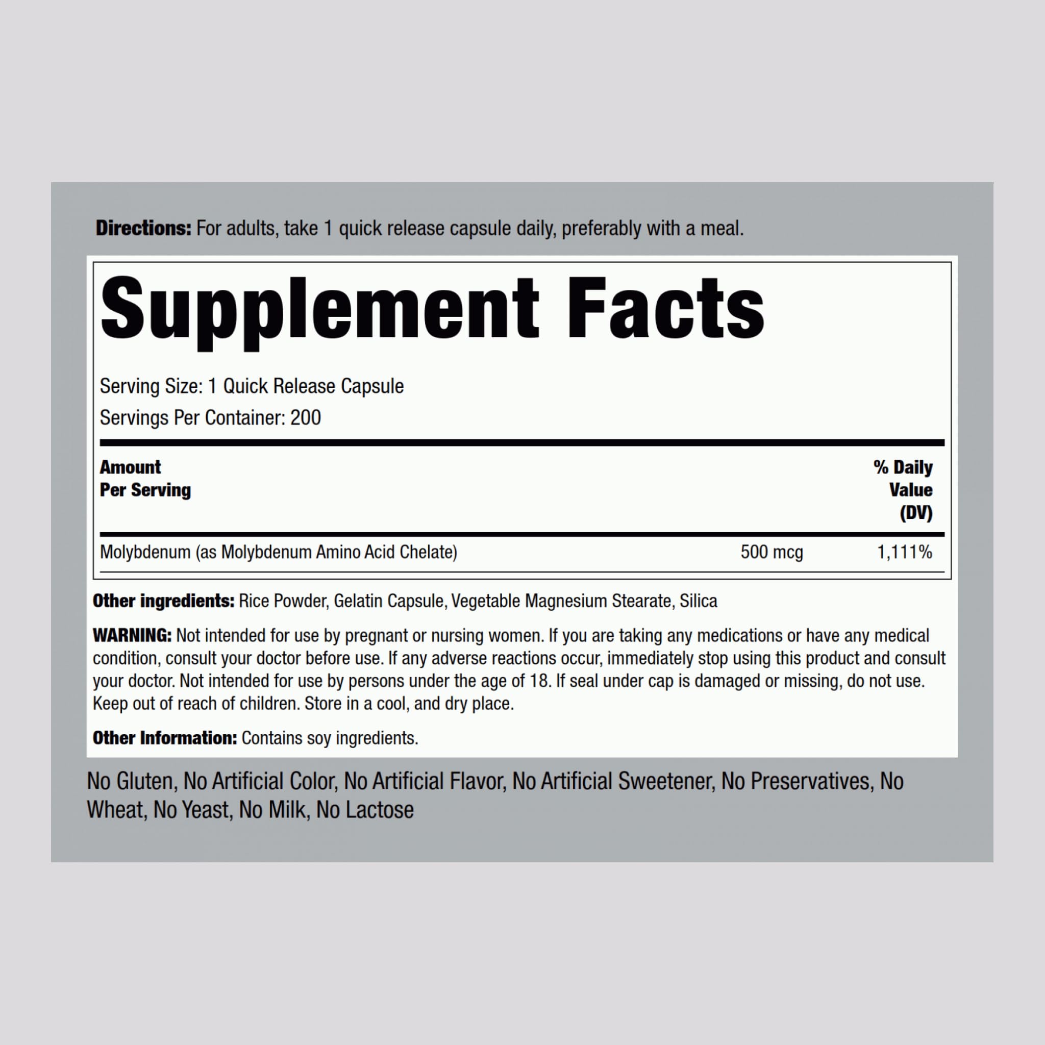 Piping Rock Molybdenum Supplement 500 mcg | 200 Capsules | Pack of 2