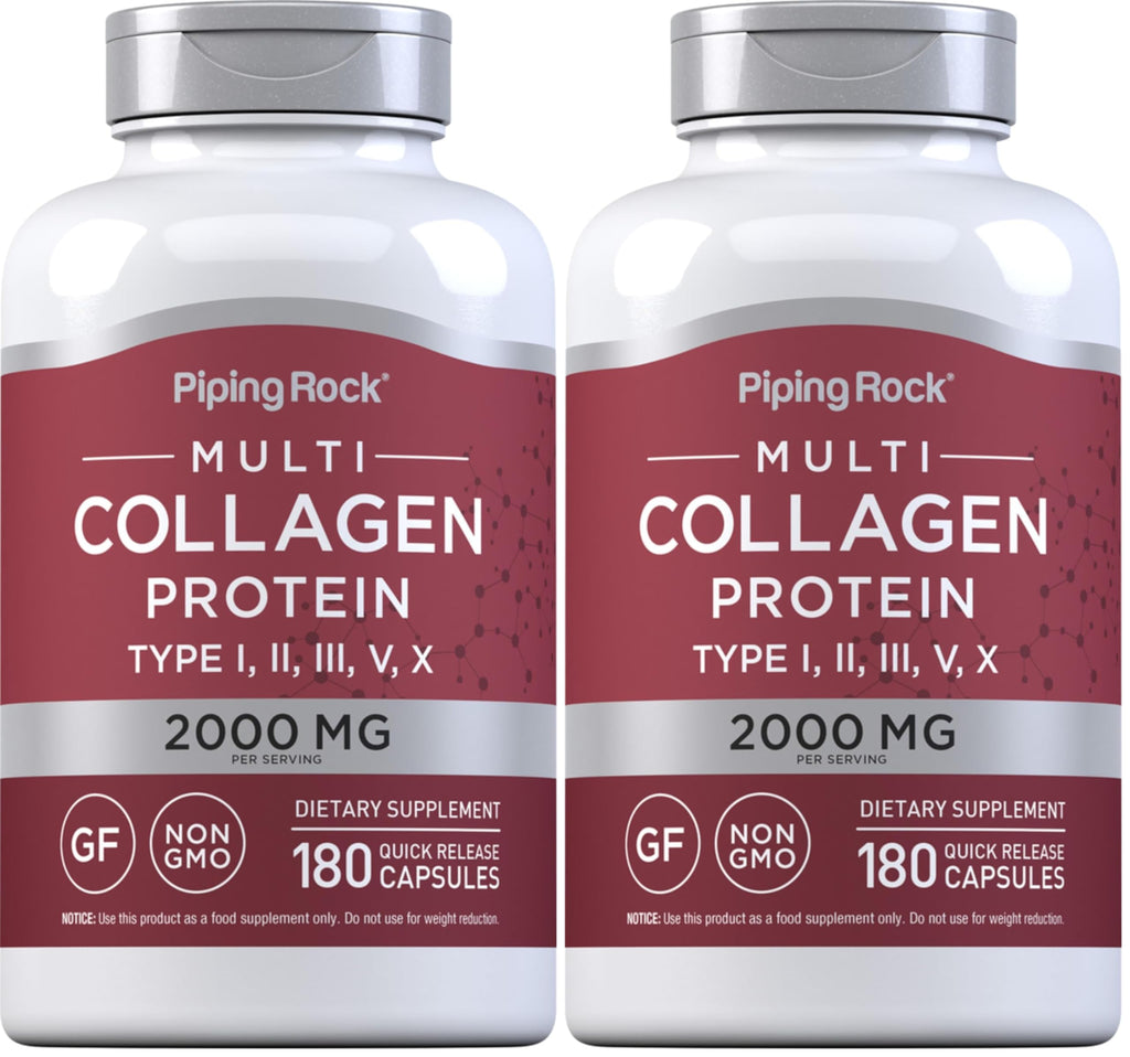 Piping Rock Multi Collagen Protein Capsules | 180 Count | 2000mg | Types I, II, III, V, X | Pack of 2