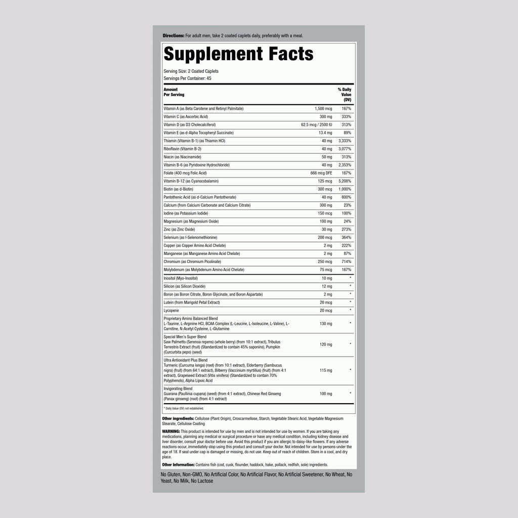 Piping Rock Multivitamin for Men - 90 Caplets, Mega Multimineral Daily Supplement (Pack of 2) - Non-GMO & Gluten Free