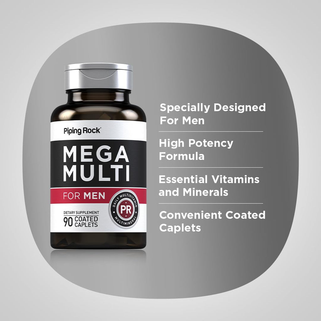 Piping Rock Multivitamin for Men - 90 Caplets, Mega Multimineral Daily Supplement (Pack of 2) - Non-GMO & Gluten Free