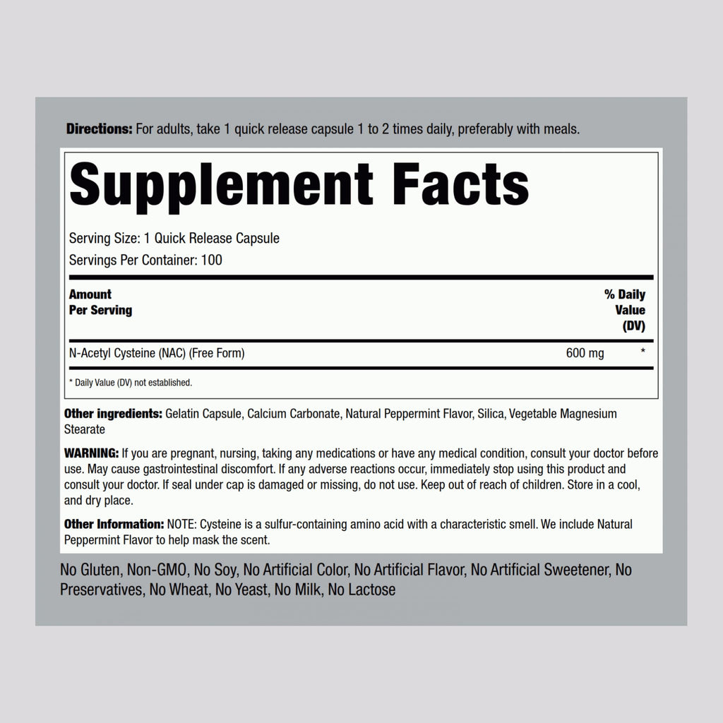 Piping Rock NAC 600mg N-Acetyl Cysteine - 100 Capsules | Non-GMO, Gluten Free