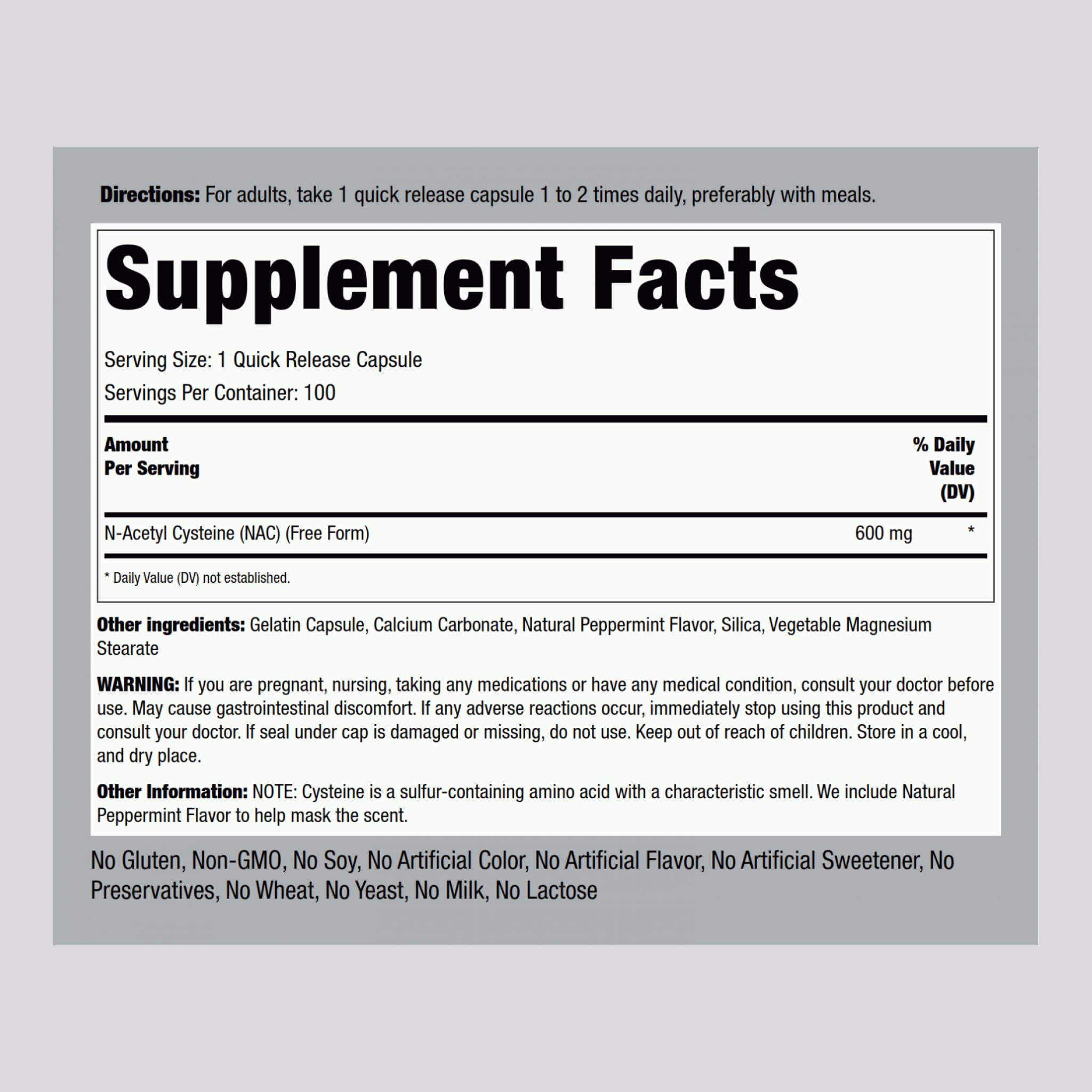Piping Rock NAC 600mg N-Acetyl Cysteine - 100 Capsules | Non-GMO, Gluten Free