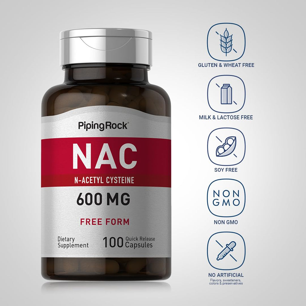 Piping Rock NAC 600mg N-Acetyl Cysteine - 100 Capsules | Non-GMO, Gluten Free