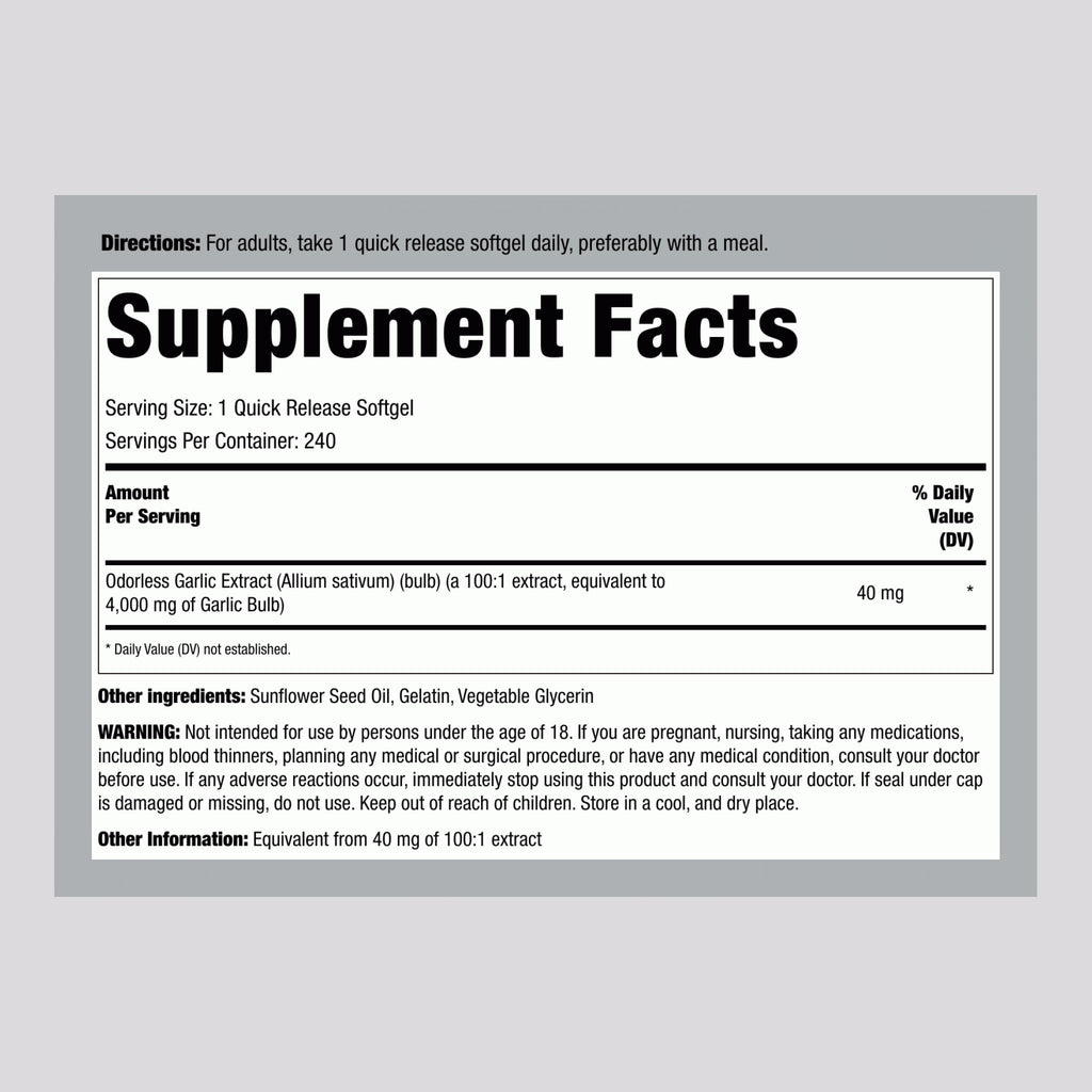 Piping Rock Odorless Garlic Softgels – 4000mg, 240 Count | Extra Strength | Non-GMO & Gluten Free