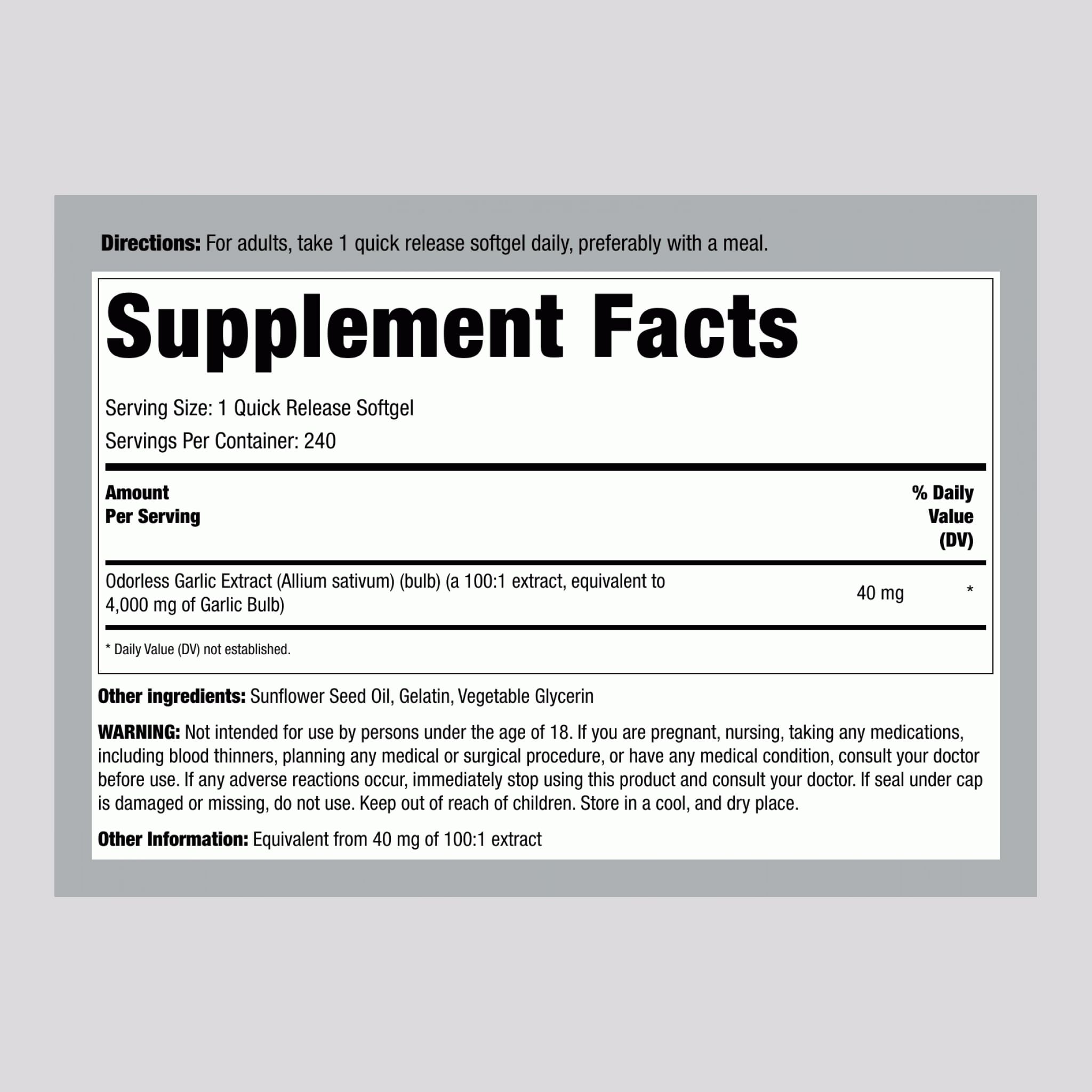 Piping Rock Odorless Garlic Softgels – 4000mg, 240 Count | Extra Strength | Non-GMO & Gluten Free