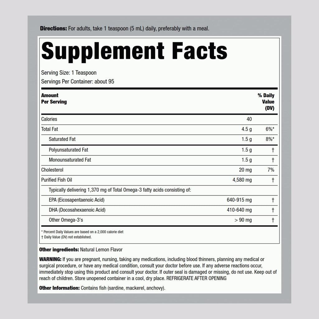 Piping Rock Omega-3 Fish Oil Liquid – 16 oz, 1370 mg Active Omega-3, Lemon
