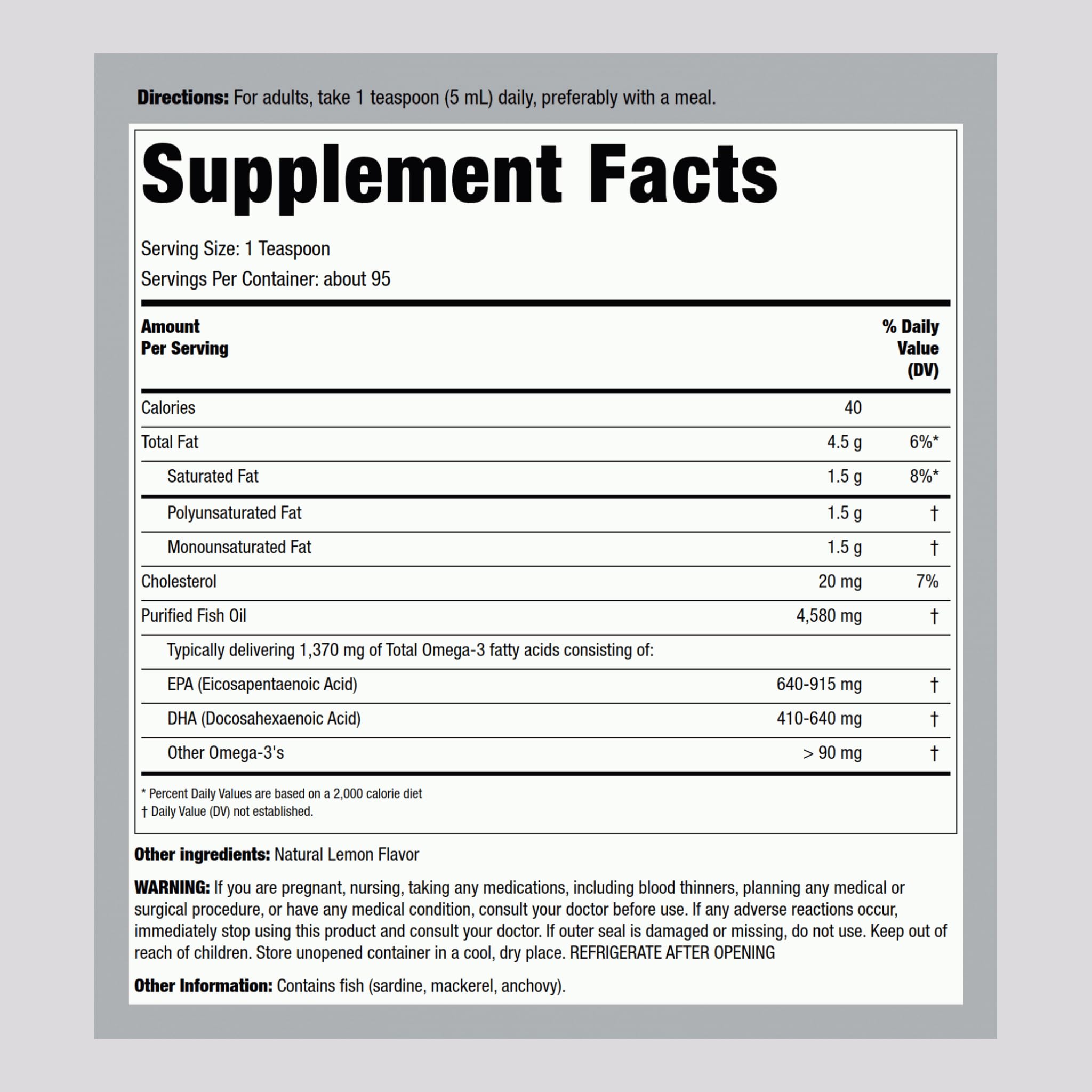 Piping Rock Omega-3 Fish Oil Liquid – 16 oz, 1370 mg Active Omega-3, Lemon
