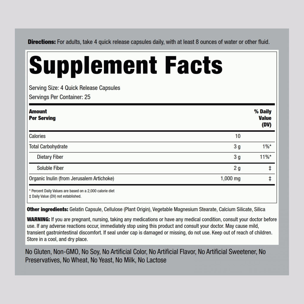 Piping Rock Organic Inulin Capsules 1000 mg - 100 Count | Low Glycemic Fiber | Non-GMO, Gluten Free (Pack of 2)
